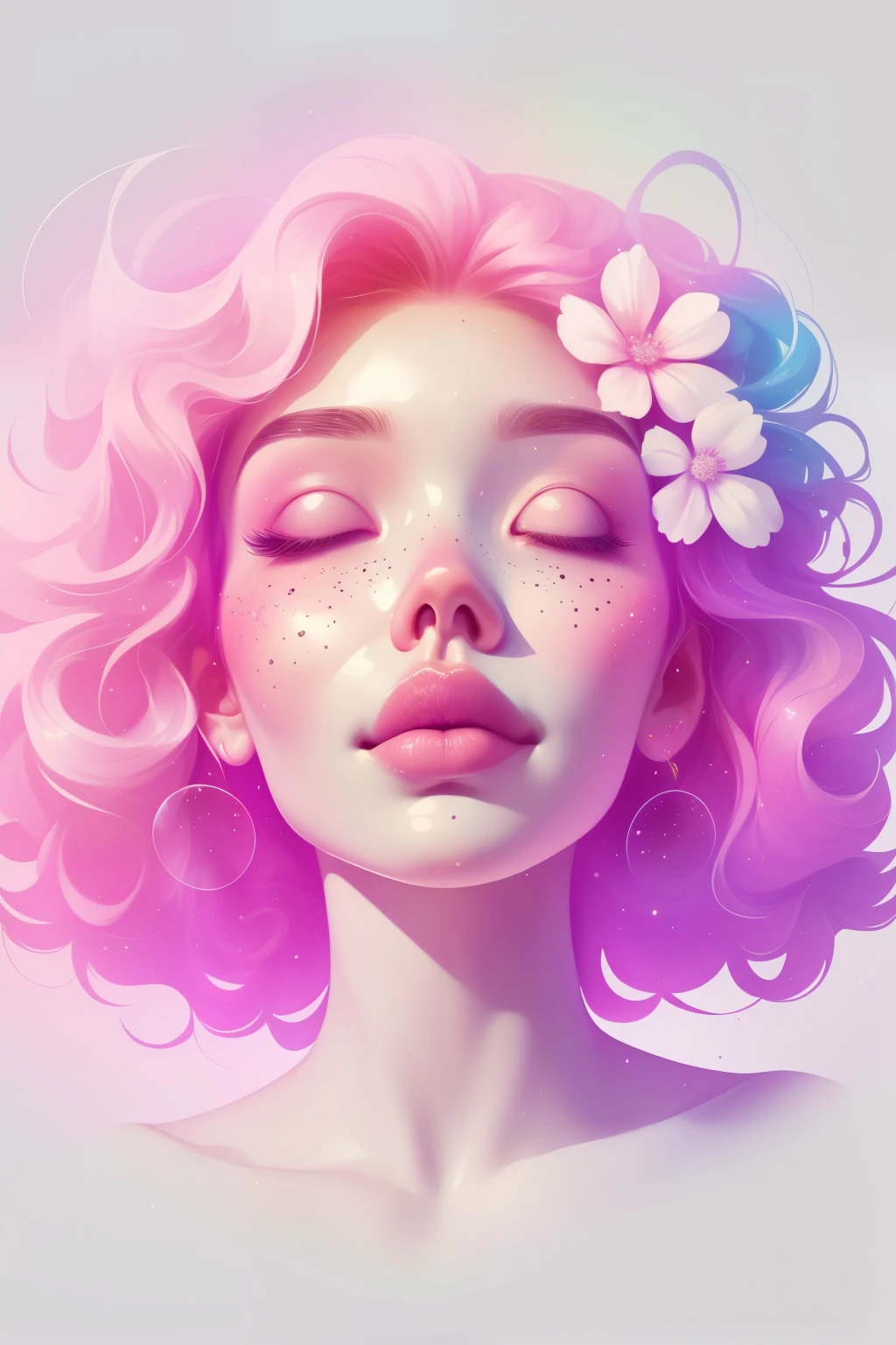 (This is a beautiful rainbow fantasy image that feels interesting and emphasizes glitter and iridescence.) Generate a ((blind)) curvy woman with colorful curly hair and milky white eyes. Her face is important and is perfectly formed with puffy lips and perfect features. (Her eyes are critically important and are (blank) and (solid white)). The image exudes ethereal beauty and soft fantasy. Include sweet and detailed birds and soft, luminous flowers in all the colors of the rainbow. The image's background is decorated in shades of pink, shimmer, glitter, and fantasy details like colored bubbles and cosmos. Utilize dynamic composition to create a compelling and action-packed image. Dramatic lighting and cinematic lighting enhance the woman's beauty and the soft colors in the artwork. (((((Perspective: head on.))))) Include fantasy, cute, colorful, colourful, interesting magic background, ((((blank eyes)))), ((((empty white eyes)))), (shirome eyes:1.3), (smirking), (perfectly rendered solid whiteeyes), ((short neck)), ((birthmark on lip)), ((pretty lips)), beautiful background, complex background, sweet background, (((rainbow)))