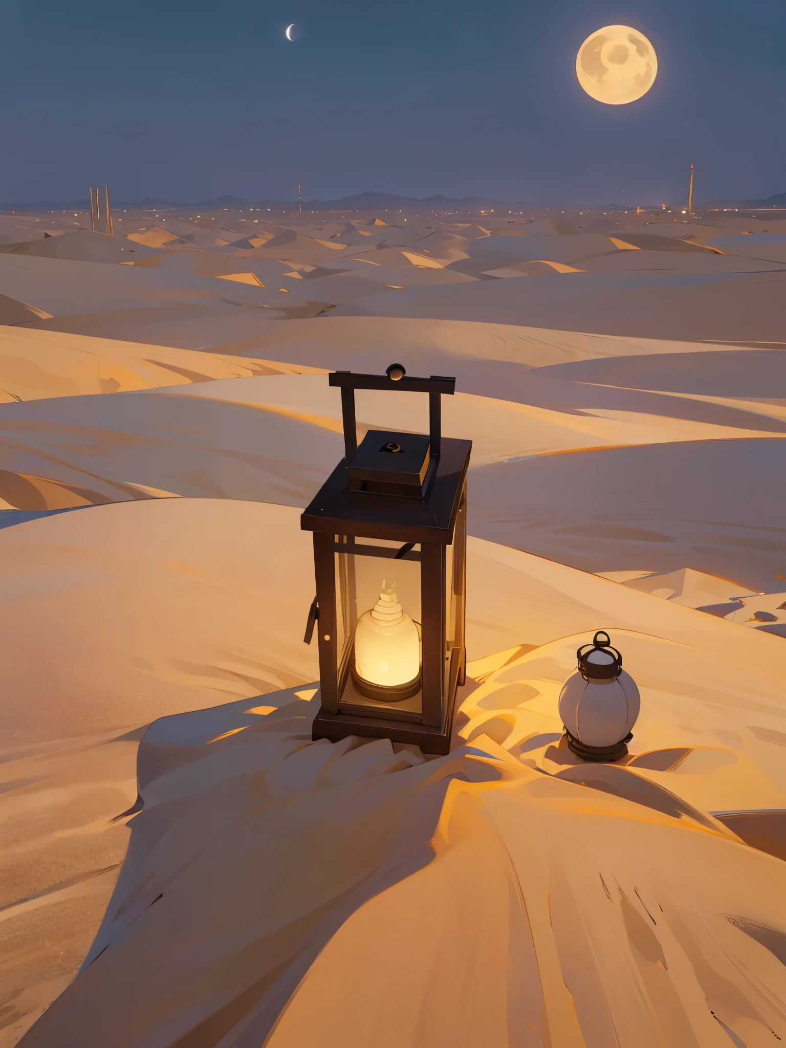 calm night desert, no people, cinematic. moon above. small lantern in the distance