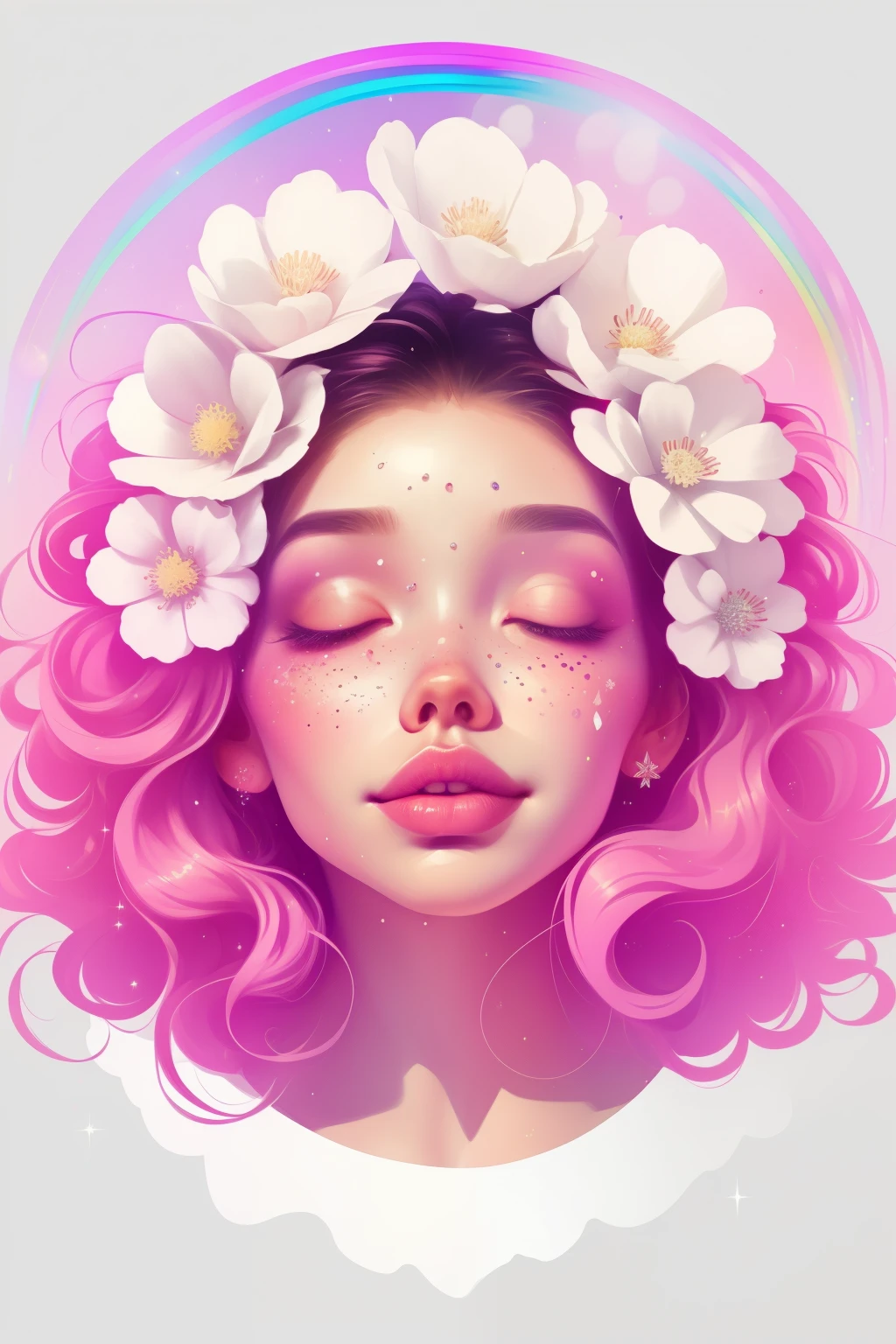 (This is a beautiful rainbow fantasy image that feels interesting and emphasizes glitter and iridescence.) Generate a ((blind)) curvy woman with colorful curly hair and milky white eyes. Her face is important and is perfectly formed with puffy lips and perfect features. (Her eyes are critically important and are (blank) and (solid white)). The image exudes ethereal beauty and soft fantasy. Include sweet and detailed birds and soft, luminous flowers in all the colors of the rainbow. The image's background is decorated in shades of pink, shimmer, glitter, and fantasy details like colored bubbles and cosmos. Utilize dynamic composition to create a compelling and action-packed image. Dramatic lighting and cinematic lighting enhance the woman's beauty and the soft colors in the artwork. (((((Perspective: head on.))))) Include fantasy, cute, colorful, colourful, interesting magic background, ((((blank eyes)))), ((((empty white eyes)))), (shirome eyes:1.3), (smirking), (perfectly rendered solid whiteeyes), ((short neck)), ((birthmark on lip)), ((pretty lips)), beautiful background, complex background, sweet background, (((rainbow)))