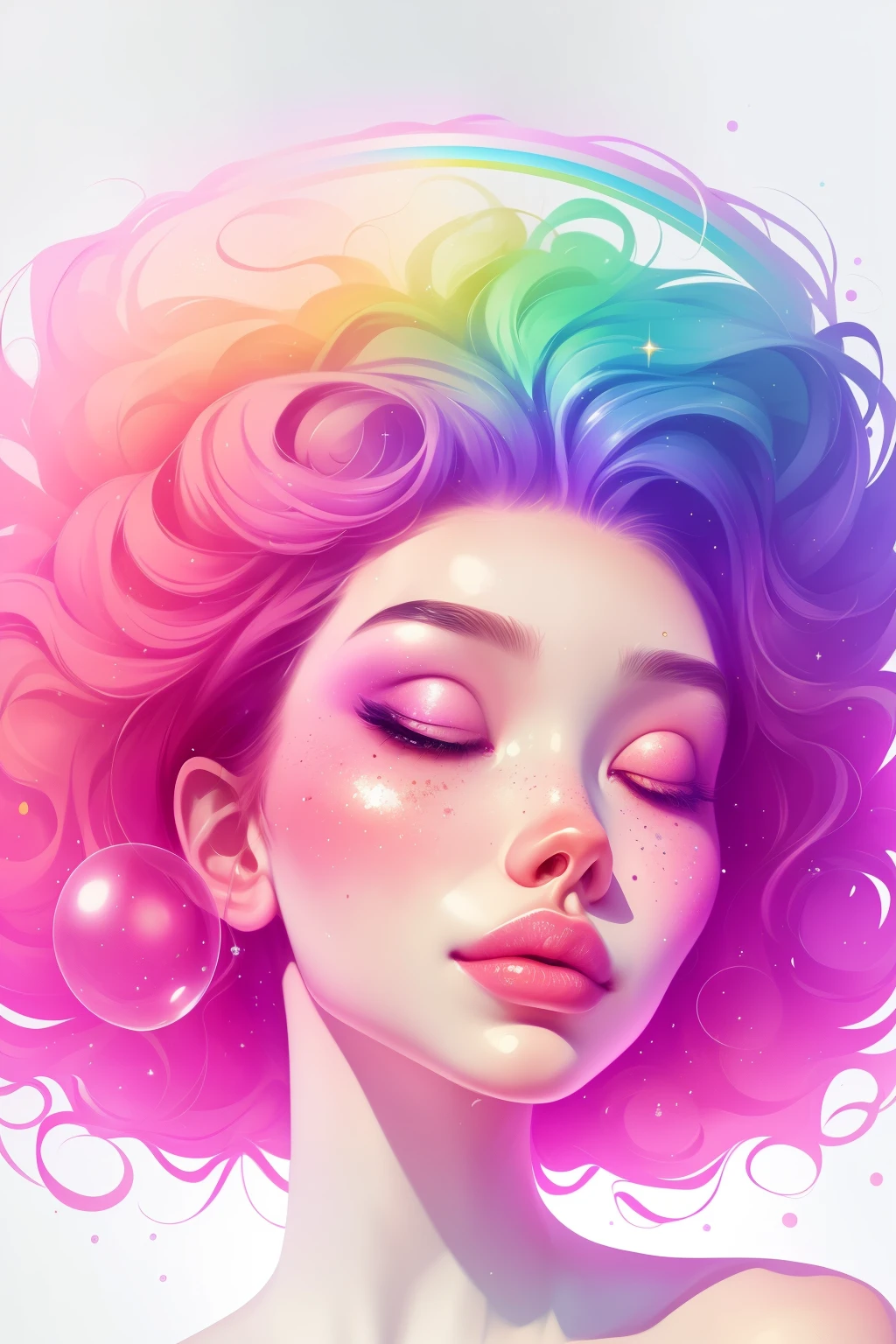 (This is a beautiful rainbow fantasy image that feels interesting and emphasizes glitter and iridescence.) Generate a ((blind)) curvy woman with colorful curly hair and milky white eyes. Her face is important and is perfectly formed with puffy lips and perfect features. (Her eyes are critically important and are (blank) and (solid white)). The image exudes ethereal beauty and soft fantasy. Include sweet and detailed birds and soft, luminous flowers in all the colors of the rainbow. The image's background is decorated in shades of pink, shimmer, glitter, and fantasy details like colored bubbles and cosmos. Utilize dynamic composition to create a compelling and action-packed image. Dramatic lighting and cinematic lighting enhance the woman's beauty and the soft colors in the artwork. (((((Perspective: head on.))))) Include fantasy, cute, colorful, colourful, interesting magic background, ((((blank eyes)))), ((((empty white eyes)))), (shirome eyes:1.3), (smirking), (perfectly rendered solid whiteeyes), ((short neck)), ((birthmark on lip)), ((pretty lips)), beautiful background, complex background, sweet background, (((rainbow)))