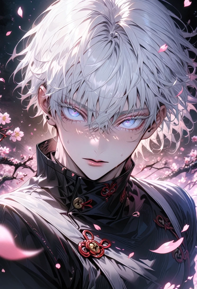 absurdres, highres, ultra detailed, HDR, master piece, best quality, extremely detailed face and eyes, Gojo Satoru, white hair, with bangs, hair between the eyes, expressive blue eyes, white eyelashes, Jujutsu Kaisen, solo, sexy man, handsome, black clothes, cherry blossom, pink flowers, pink petals, moon, pink fireflies