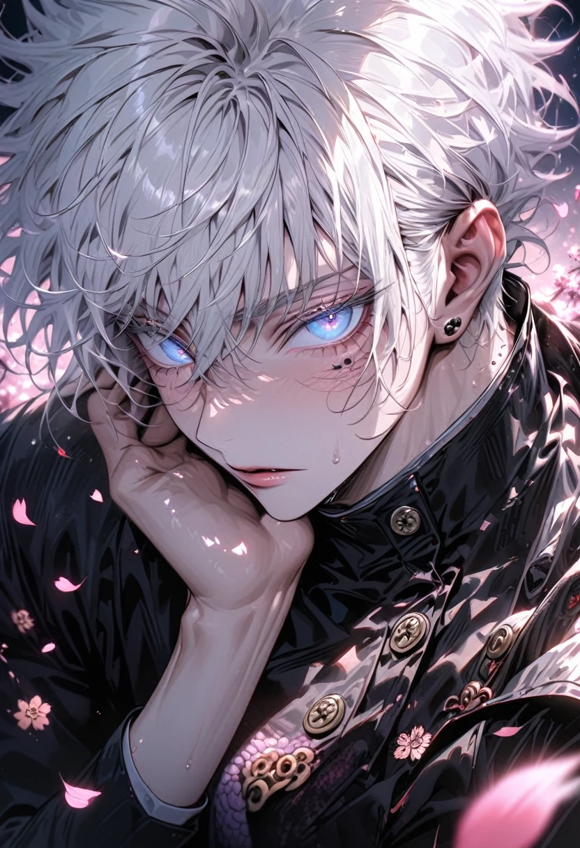 absurdres, highres, ultra detailed, HDR, master piece, best quality, extremely detailed face and eyes, Gojo Satoru, white hair, with bangs, hair between the eyes, expressive blue eyes, white eyelashes, Jujutsu Kaisen, solo, sexy man, handsome, black clothes, cherry blossom, pink flowers, pink petals, moon, pink fireflies