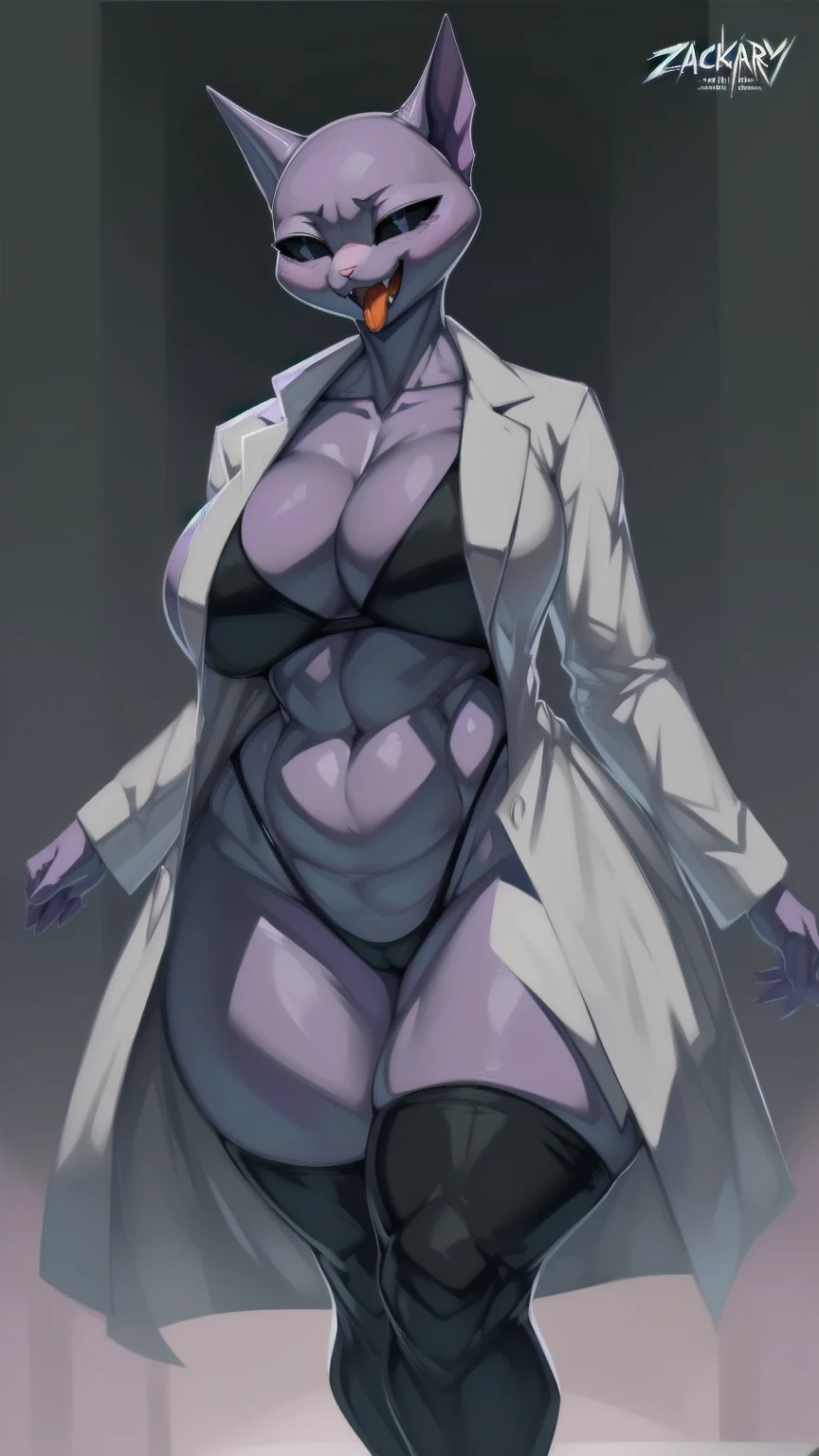 ((made by zackary911:1 art style)), ((adorable and cute cat face)), (color her skin and face purple:1), focus on the furry cat, ((tall female body and imposing)), ((superiority and perfect body)), ((face of a bald cat dressed only in a white scientist's laboratory coat that is open in half but manages to completely cover her body, making her not naked:1 )), ((no hair anywhere on her body, no skin, total baldness, baldness:1)), masterpiece, Best quality, purple body and face color, a hairy and feminine woman is a cute cat with purple hair, orange cat tongue, no hair anywhere on her body, pink cat nose, big thighs, big tits, and big natural breasts. , ((Hourglass Figure)), (1.4), huge, thick, thick body, huge sexy woman, perfect body, big legs, big ass, perfect body, masterpiece, best quality, full figure, SEXY body voluptuous, soft. Perfect, athletic body, big oval eyes with black sclera and white pupils, orange tongue ((purple inside her cat ears)), light pink cat nose, black and white eyes, ((long dark purple tail), ( (completely smooth face)), ((purple female sphinx cat face)), ((sphynx cat head)), orange cat tongue, adorable face, ((Cute face)), voluptuous cat woman, ((white coat of scientific laboratory that completely covers its body)), furry cat with happy face expression, Venus Perfect body, ((only 2 normal purple cat ears, no hair on the head:1)), completely, high quality, handiwork teacher, adorable and sexy, Beautiful adorable Perfect body, violet color of body and face, big black eyes with white iris, cat mouth, cat teeth, bald body, on a romantic date, ((made by zackary911 art style: 1)