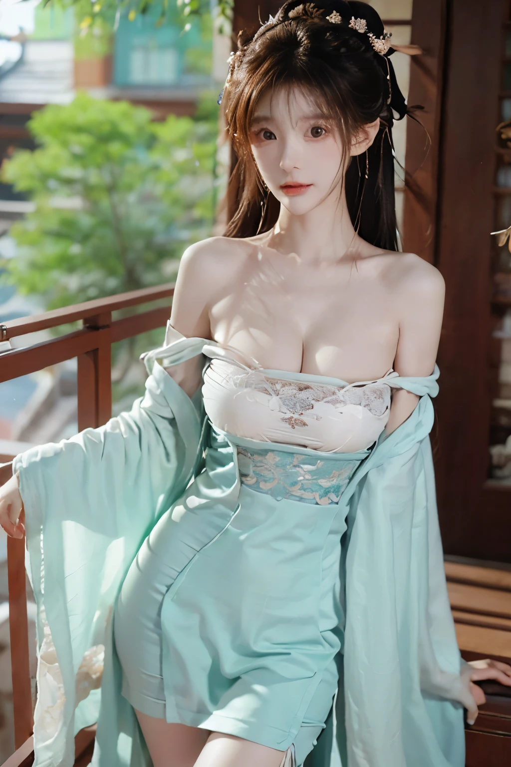 Beautiful woman with perfect body：1.4，Layered Hairstyle，Prominent cleavage，Highly detailed face and skin textures，Double eyelids，Skin Whitening，Long hair，Whitened long legs，（Light green low-cut Hanfu）Stand on the balcony