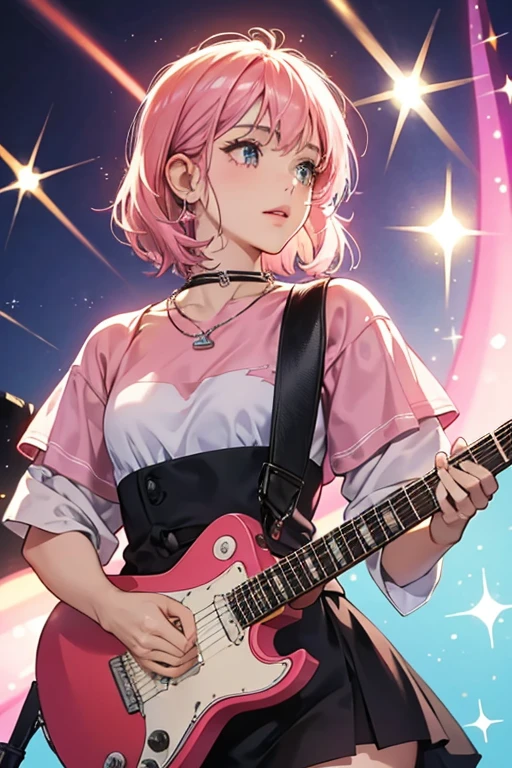  guitarist and lead singer of the band, a pinkish girl. SPARKLE; GLITTER

