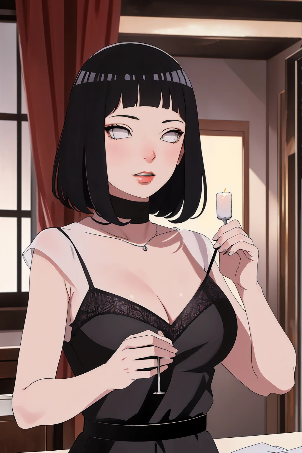 (Masterpiece - Ultra-Detailed, High Resolution) Prepare to be enchanted by a true masterpiece that combines ultra-detailed art with high-resolution rendering. This work shows a mesmerizing woman, with short, black hair, 1950s style, Hinata (1.3) and captivating dark brown eyes (1.2), New York illustration style, wearing (red lipstick), emanating an aura of elegance and mystery. Wearing classic 1950s clothing. sexy. Intricate details and realistic textures invite you to explore every aspect of this enchanting composition. Transparent black dress. Sitting, dynamic poses, mouth closed. Different posture. . Get ready to dive into a world where beauty and craftsmanship merge perfectly.
