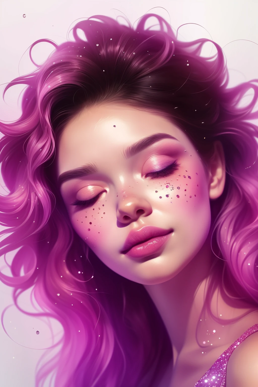 (This is a beautiful rainbow fantasy image that feels interesting and emphasizes glitter and iridescence.) Generate a ((blind)) curvy woman with colorful curly hair and milky white eyes. Her face is important and is perfectly formed with puffy lips and perfect features. (Her eyes are critically important and are (blank) and (solid white)). The image exudes ethereal beauty and soft fantasy. Include sweet and detailed birds and soft, luminous flowers in all the colors of the rainbow. The image's background is decorated in shades of pink, shimmer, glitter, and fantasy details like colored bubbles and cosmos. Utilize dynamic composition to create a compelling and action-packed image. Dramatic lighting and cinematic lighting enhance the woman's beauty and the soft colors in the artwork. (((((Perspective: head on.))))) Include fantasy, cute, colorful, colourful, interesting magic background, ((((blank eyes)))), ((((empty white eyes)))), (shirome eyes:1.3), (smirking), (perfectly rendered solid whiteeyes), ((short neck)), ((birthmark on lip)), ((pretty lips)), beautiful background, complex background, sweet background, (((rainbow)))
