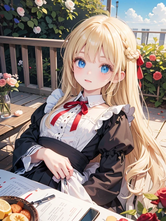 masterpiece, highest quality, Very detailed, 16k, Ultra-high resolution, One 9--old l, Detailed face, blue eyes, Blonde, Braid, Red ribbon on head, Black maid outfit, Drawers, blue sky, garden, Red Rose, Lie on your back