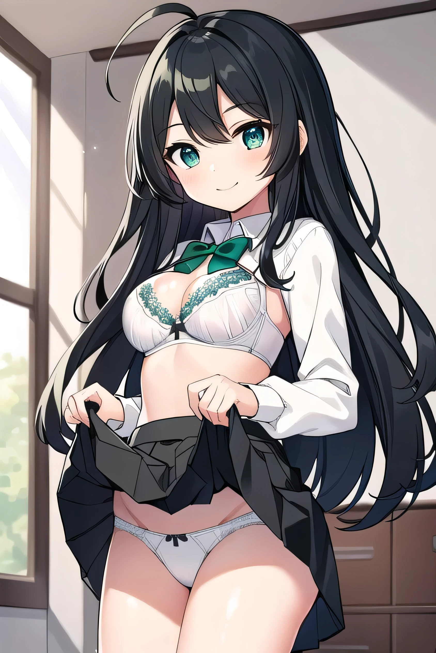 Junior high school student who looks like an elementary school student, , very short, 140 cm tall, black hair with a slight green tinge, short ahoge, beautiful long hair but with a little hair sticking out, beautiful round eyes, blue eyes, smile, boyish, long sleeves, Thick clothes, skirt, big breasts, hair longer than waist, long hair, childish face, gentle smile, a little shy, black skirt, black hair with a slight green tinge, boyish, gentle smile, jacket one size larger, ( Deep greenish black hair: 1.3),her bra is visible, (a white bra:1.5),(skirt lift :1.6),panty shot,white panties