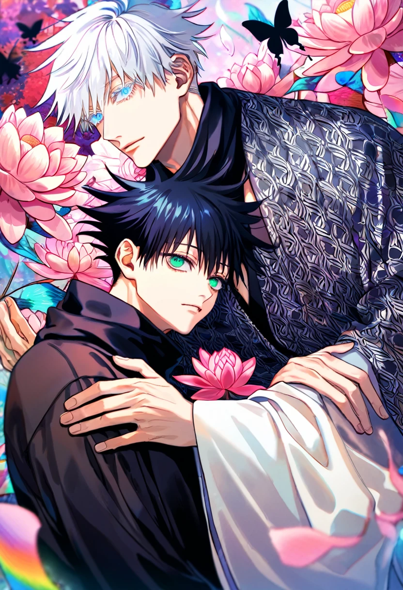 Ultra detailed, Highres, absurdres, HDR, master piece, Fushiguro Megumi, black hair, green eyes, Gojou Satoru, white hair with bangs, blue eyes, white eyelashes, Jujutsu Kaisen, black scarf, white haori, black kimono with patterns, 2 gay men together, gay couple, love, pink and violet forest, butterflies, pink lotus and petals, handsome, extremely detailed eyes and face,