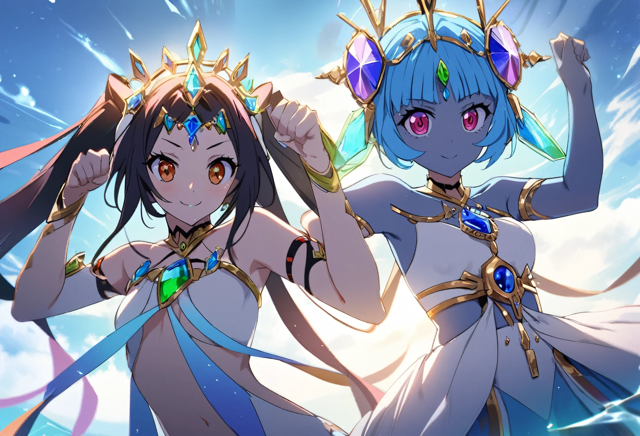 (2 subjects) (Subject 1: Cryptic girl in an action pose descending from the sky) and her companion (subject 2: a blue skinned water nymph, jewel adorned) strike a victory pose