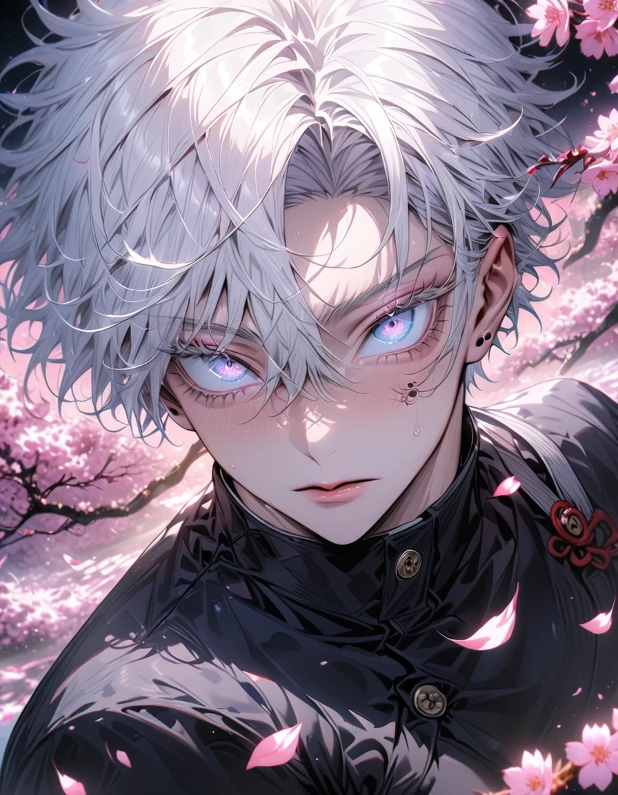 absurdres, highres, ultra detailed, HDR, master piece, best quality, extremely detailed face and eyes, Gojo Satoru, white hair, with bangs, short hair, hair between the eyes, expressive blue eyes, white eyelashes, Jujutsu Kaisen, solo, sexy man, handsome, black clothes, cherry blossom, pink flowers, pink petals, moon, pink fireflies
