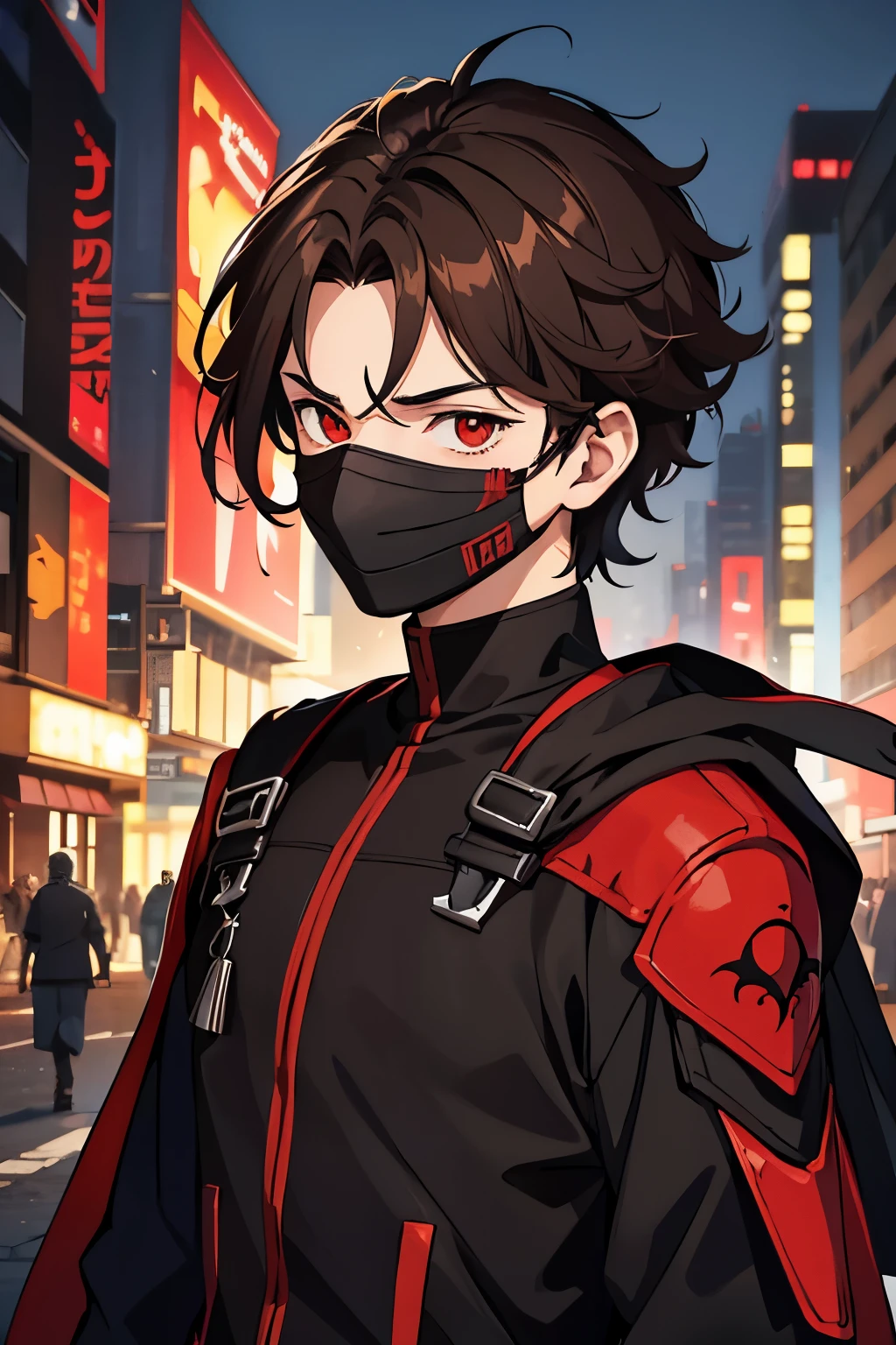 Teenage Male, Short Frizzy Dark Brown Hair for men, Red Eye, Phantom Mask, Black & Red Jumpsuit with Spike Shoulders, Shibuya City Theme Background, Happy Emotion mood, Anime, Masterpiece.