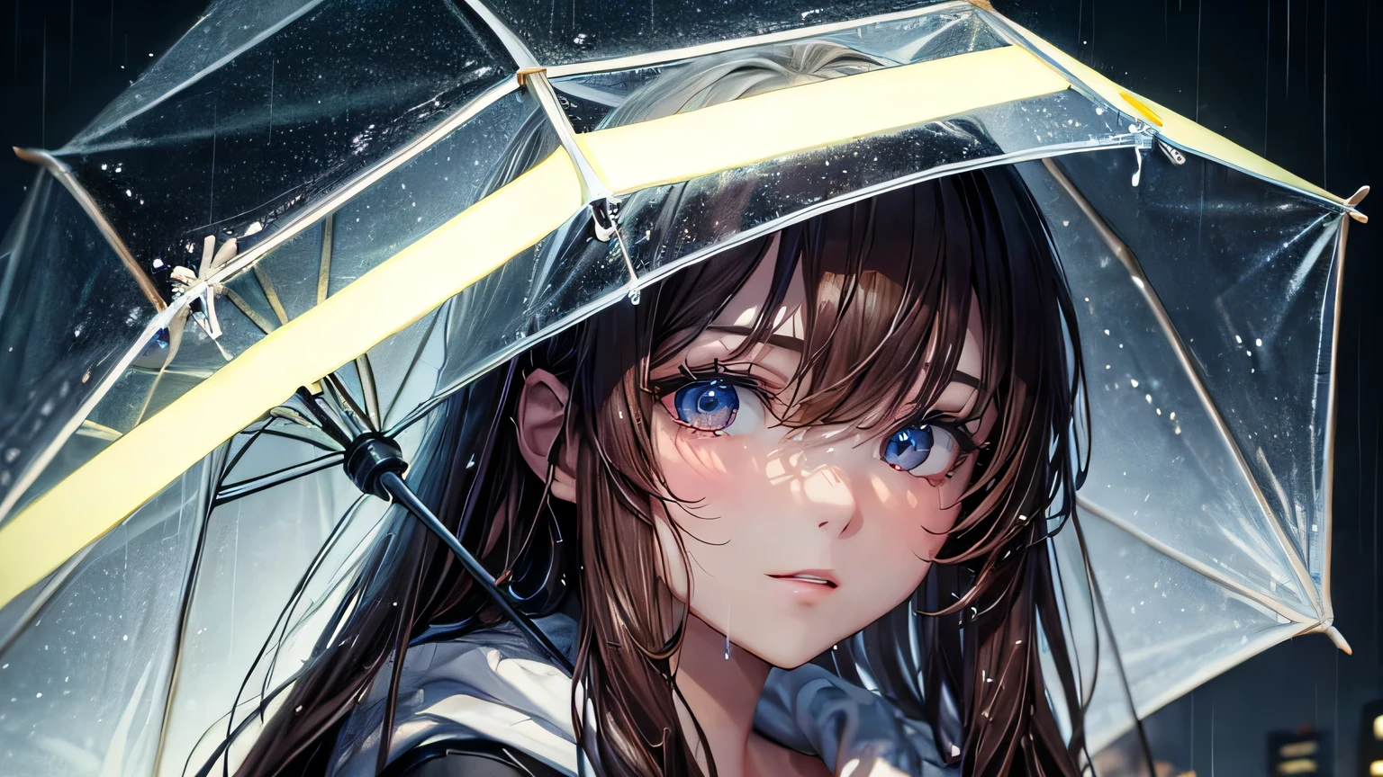 (oil, masterpiece, highest quality, Super detailed, Focus on the characters), woman,White hoodie,Brown long hair,Wet with rain,Detailed hair depiction,Detailed depiction down to the tips of the hair,Neon Light,([return:0.8]|[ face facing returnwards:1.1]), ,([Rainy night city scenario:1.2]|[ ground:1.3]| [High Contrast:1.1])  