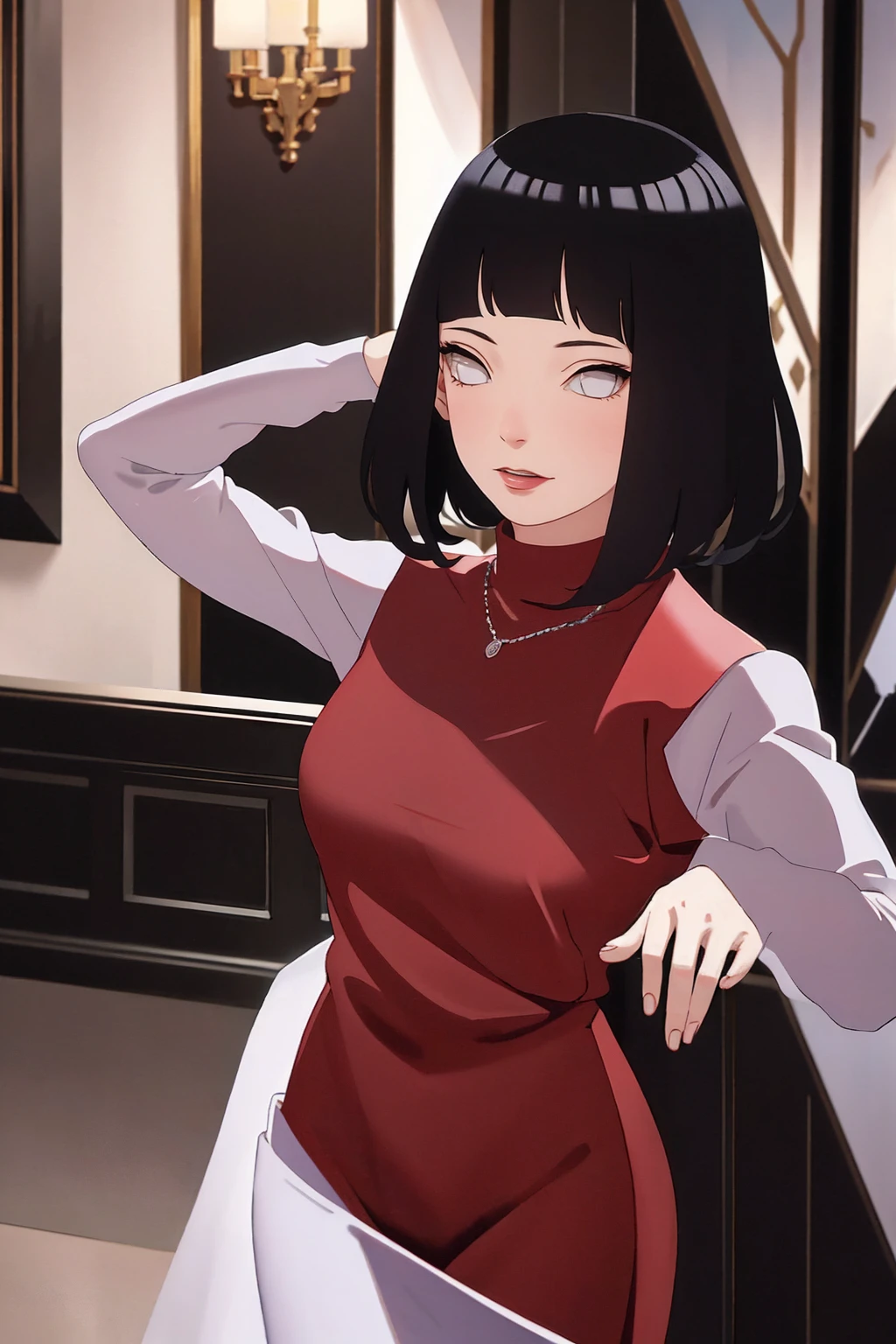 (Masterpiece - Ultra-Detailed, High Resolution) Prepare to be enchanted by a true masterpiece that combines ultra-detailed art with high-resolution rendering. This work shows a mesmerizing woman, with short, light black hair, 1950s style, Hinata (1.3) and captivating dark brown eyes (1.2), New York illustration style, wearing (red lipstick), emanating an aura of elegance and mystery. Wearing classic 1950s clothing. sexy. Intricate details and realistic textures invite you to explore every aspect of this enchanting composition. Transparent red dress. Dancing lithly, dynamic poses, mouth closed. Different posture. . Get ready to dive into a world where beauty and craftsmanship merge perfectly.
