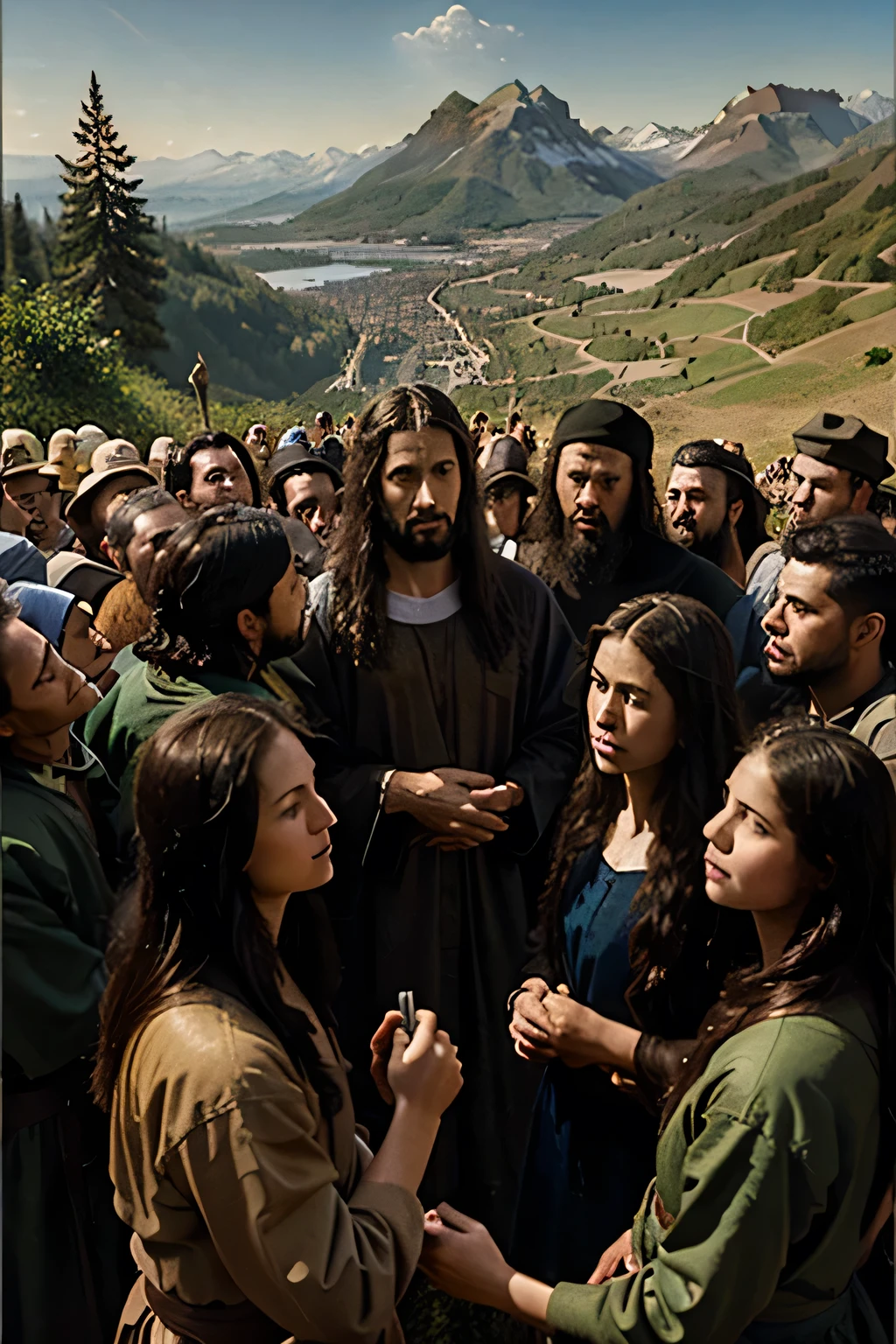 pintura realista, no estilo leonardo da vinci, capa de livro, of Jesus on a mountain with disciples looking on in awe