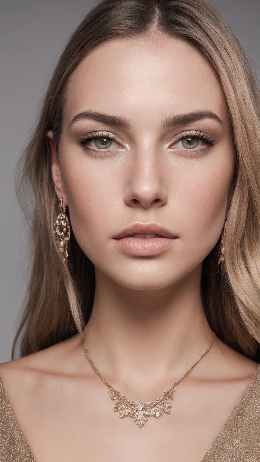 1girl,blonde hair,cowboy shot,earrings,gradient,gradient background,grey background,jewelry,lips,long hair,long sleeves,looking at viewer,nail polish,nose, RAW candid cinema, 16mm, color graded portra 400 film, remarkable color, ultra realistic, textured skin, remarkable detailed pupils, realistic dull skin noise, visible skin detail, skin fuzz, dry skin, shot with cinematic camera