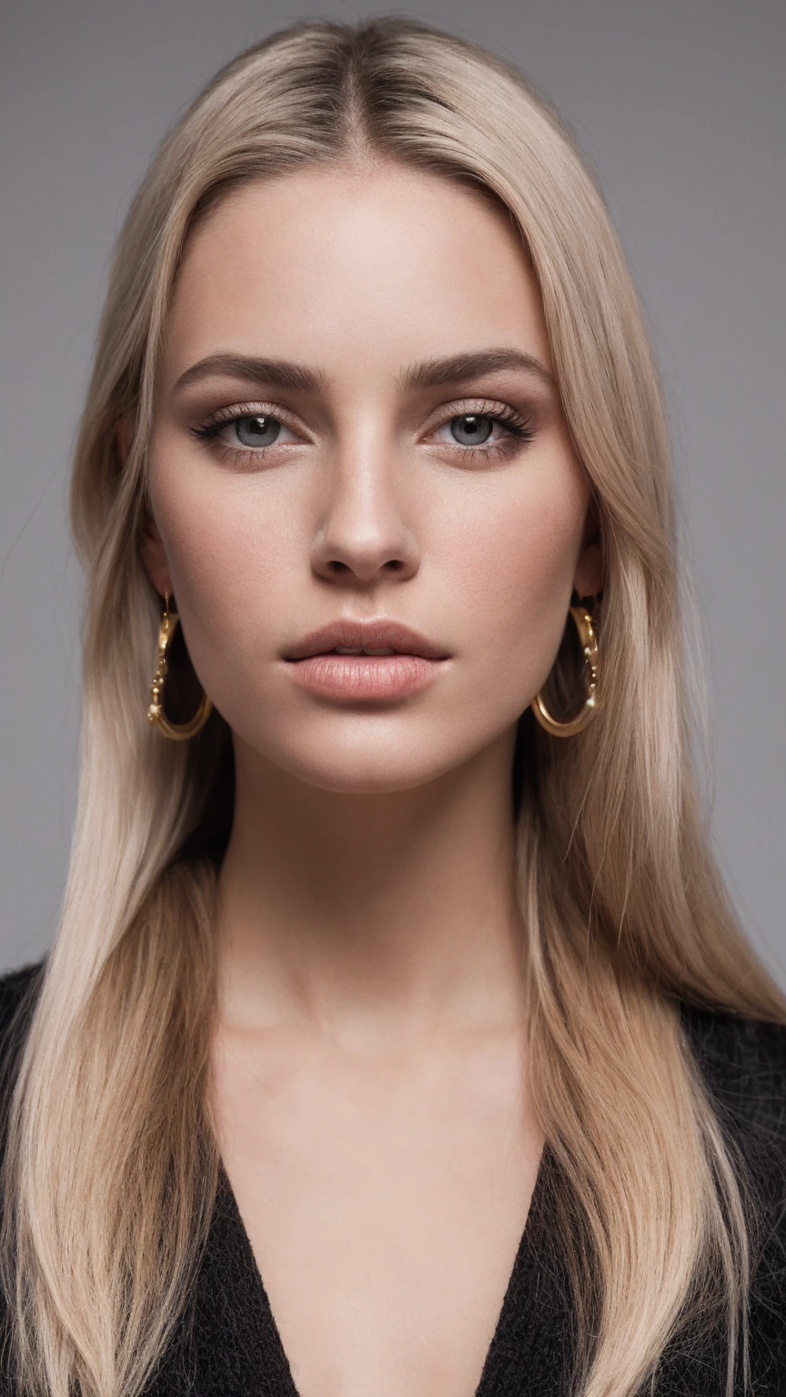 1girl,blonde hair,cowboy shot,earrings,gradient,gradient background,grey background,jewelry,lips,long hair,long sleeves,looking at viewer,nail polish,nose, RAW candid cinema, 16mm, color graded portra 400 film, remarkable color, ultra realistic, textured skin, remarkable detailed pupils, realistic dull skin noise, visible skin detail, skin fuzz, dry skin, shot with cinematic camera
