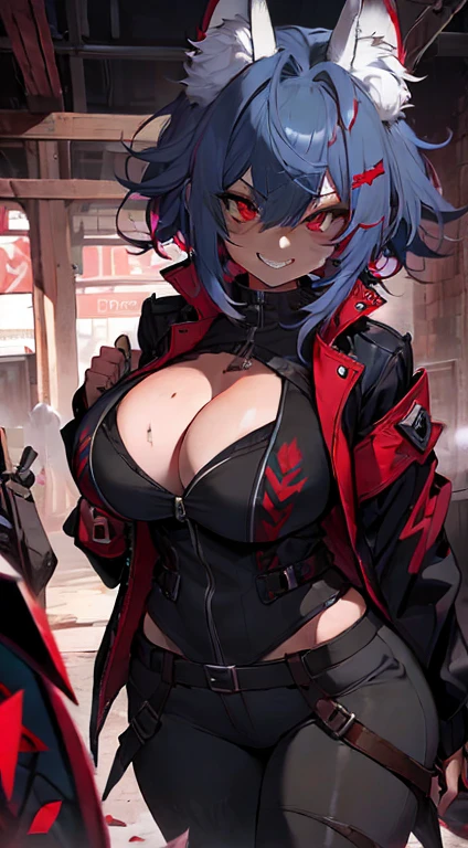 1girl, short_rebellious_hairblue_hair, hair tips to the side, scary_eyes, short_hair, Mouth_open_teeth_sharp_fangs, Evil smile_sharp_wild teeth, black_iris, scarlet_red_pupil, black_sclera, soulless_black_eyes, looking_at_vi ewer, holding, shirt, pant, animal_ears, blue_ ears, wolf_woman, blue_tail, body_perfect, Milf_body, female_body_muscular, big_breasts, scar_on_thighs, scar_on_the abdomen,vampire slayer_outfit