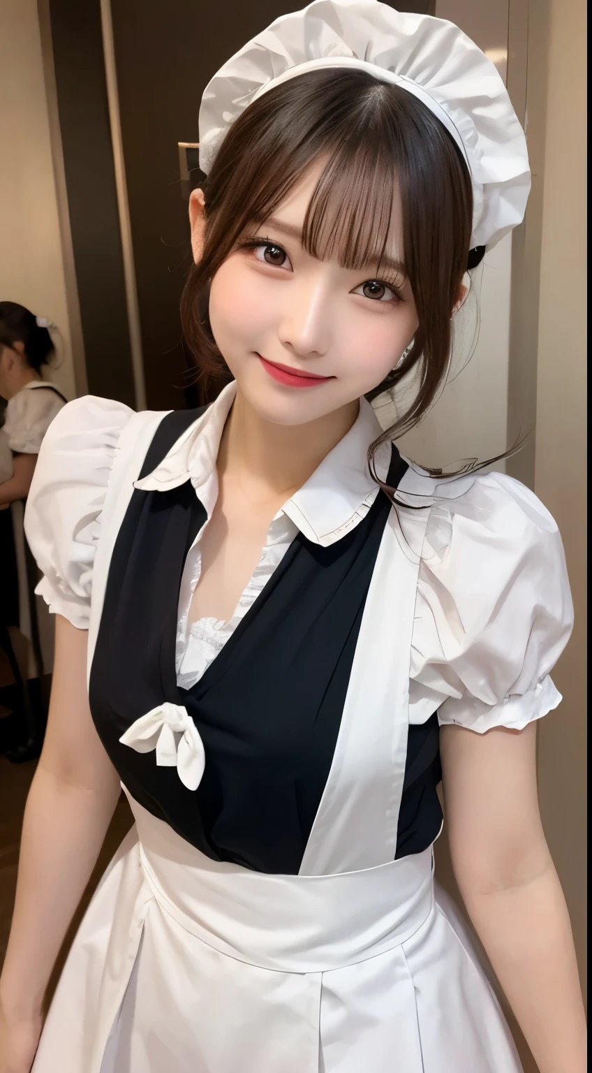 whole body, highest quality, shape, Very detailed, In detail, High resolution, 8k wallpaper, Perfect dynamic composition, Beautiful details, Pink maid outfit,Medium Hair, Center of chest, Natural color lip, Random sexy poses,smile,maid Cafe，Small headband，