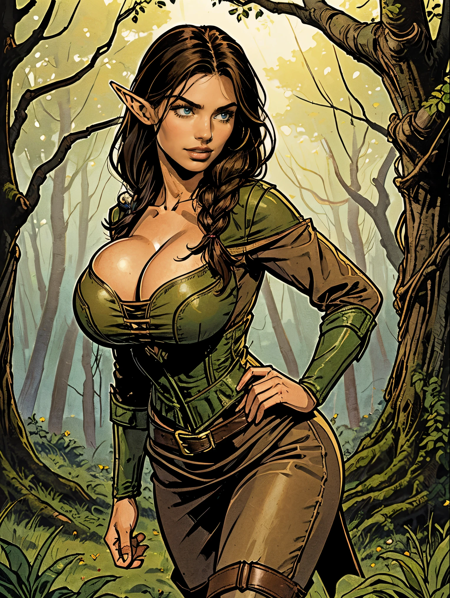 (masterpiece, top quality, best quality, official art, beautiful and aesthetic:1.2), (1girl:1.3), dark brown hair in a single braid, extremely detailed, portrait, looking at viewer, solo, (full body:0.6), detailed background, close up, cat eyes, (warm summer forest theme:1.1), (elf) ranger, charlatan, smirk, mysterious, running in forest, revealing ranger attire, brown leather, cowl, cloak, corset, long boots, buckles, straps, pouches, bow and arrow, green fabric, brown leather, ((((gigantic breasts, cleavage, skindentation)))), slim waist, slim hips, long legs, medieval (forest exterior:1.1) background, dark mysterious lighting, shadows, magical atmosphere, dutch angle,