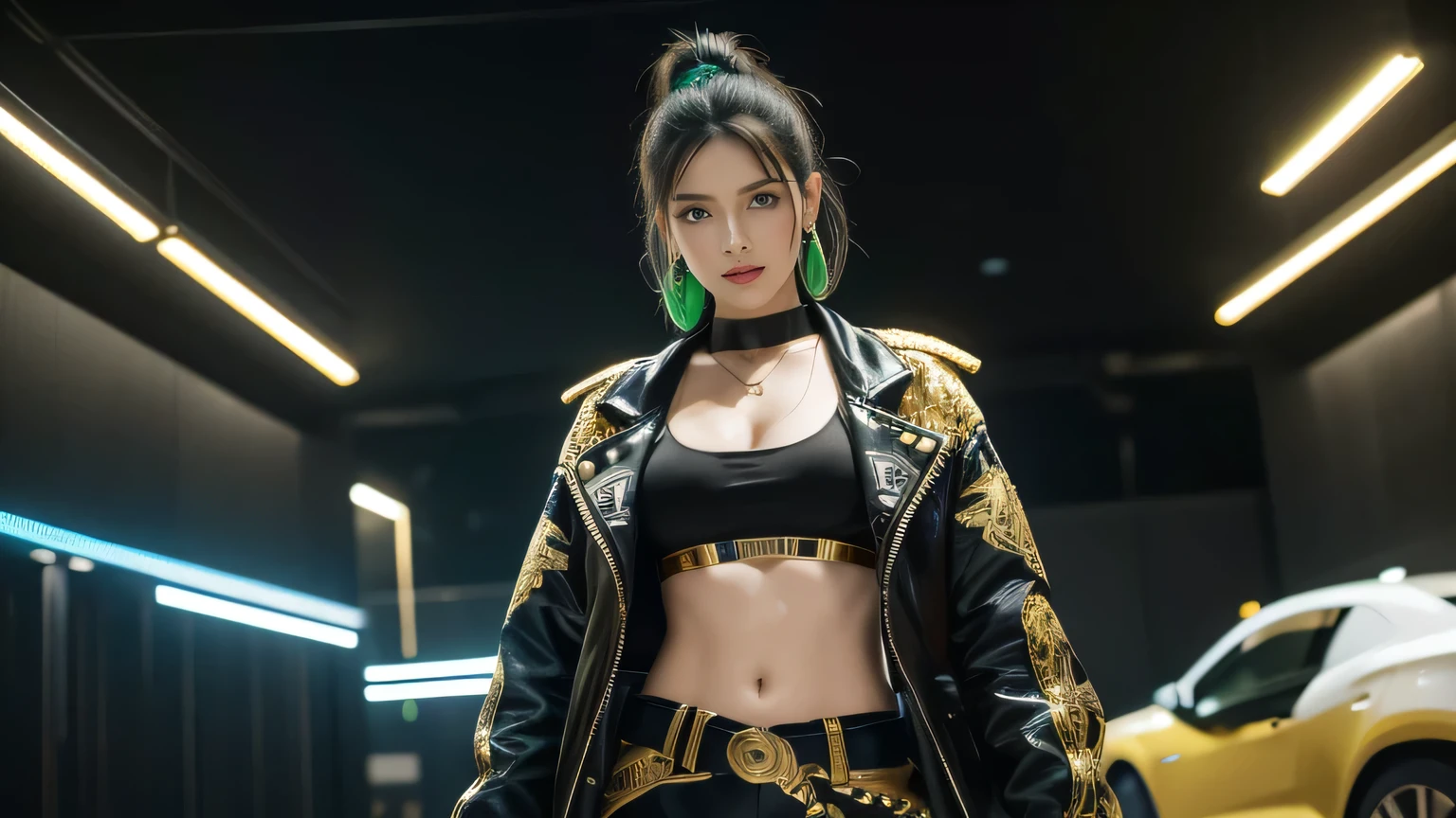best quality, masterpiece, 8k wallpaper, absurd, highres, ultra detailed, (1 young beautiful girl, solo: 1.1), piercing eyes, navel, fingerless gloves, black cropped jacket with golden dragon pattern, gold dragon patterned jacket, crop top black, multicolored hair, single hair bun belt (loanword) ï1/4, earrings, blonde hair, black crop top, midriff, make-up, green hair, open jacket, two-tone hair, open shirt, blue eyes, lips, triangle earrings, gold belt, black hair, breasts, black pants, hoop earrings, standing, black gloves, blue hair, zipper, BREAK