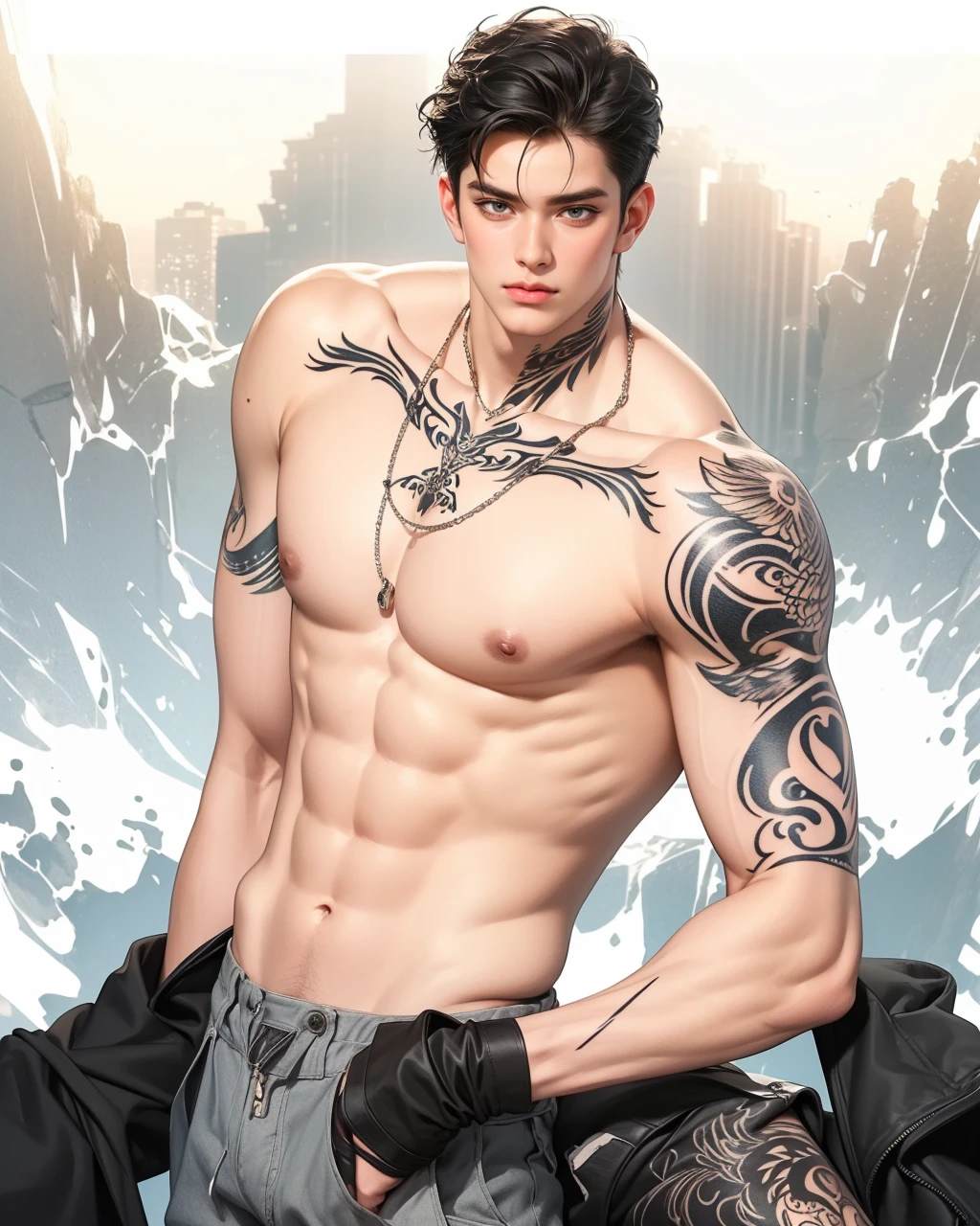 (best quality,4k,8k,highres,masterpiece:1.2),ultra-detailed,realistic,professional,(portraits,concept artists),vivid colors,sharp focus,HDR,studio lighting,(black hair:1.1),(black eyes:1.1), a man, muscualr,strong body,trained, ((wearing half sleeve tattoo)),