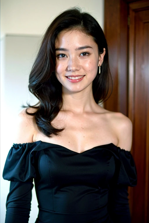 ((highest quality、8k、masterpiece:1.3))、Photorealistic, Sharp focus, high resolution, High resolution,Portraiture, one person、Japanese、woman, beautiful woman, (((black　Off the shoulder　 dress)))、30 years old, Plump, Medium Long Hair,smile