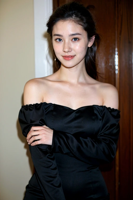 ((highest quality、8k、masterpiece:1.3))、Photorealistic, Sharp focus, high resolution, High resolution,Portraiture, one person、Japanese、woman, beautiful woman, (((black　Off the shoulder　 dress)))、30 years old, Plump, Medium Long Hair,smile