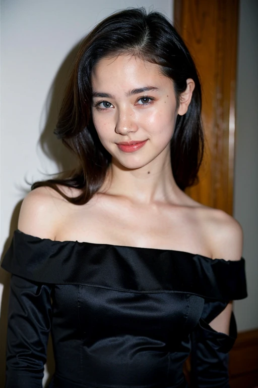 ((highest quality、8k、masterpiece:1.3))、Photorealistic, Sharp focus, high resolution, High resolution,Portraiture, one person、Japanese、woman, beautiful woman, (((black　Off the shoulder　 dress)))、30 years old, Plump, Medium Long Hair,smile