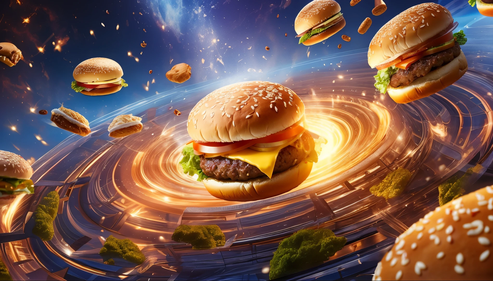 Several delicious looking hamburgers fly through the air.。ultra detailed, high quality, masterpiece