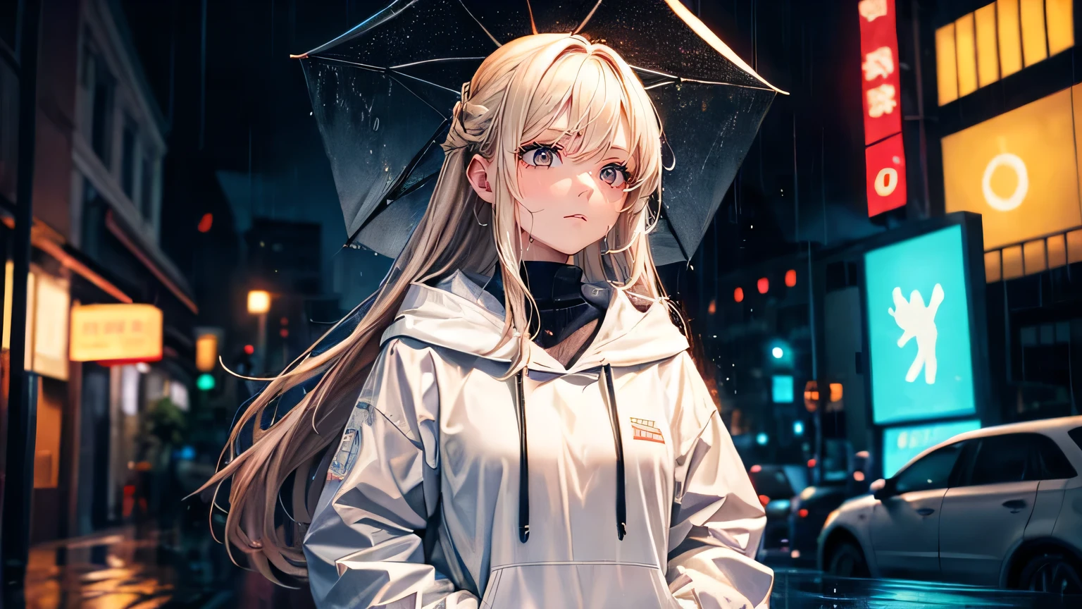 (oil, masterpiece, highest quality, Super detailed, Focus on the characters), woman,White hoodie,Sad expression,Brown long hair,Wet with rain,Detailed hair depiction,Detailed depiction down to the tips of the hair,Neon Light,([return:0.8]|[ face facing returnwards:1.1]), ,([Rainy night city scenario:1.2]|[ ground:1.3]| [High Contrast:1.1])  