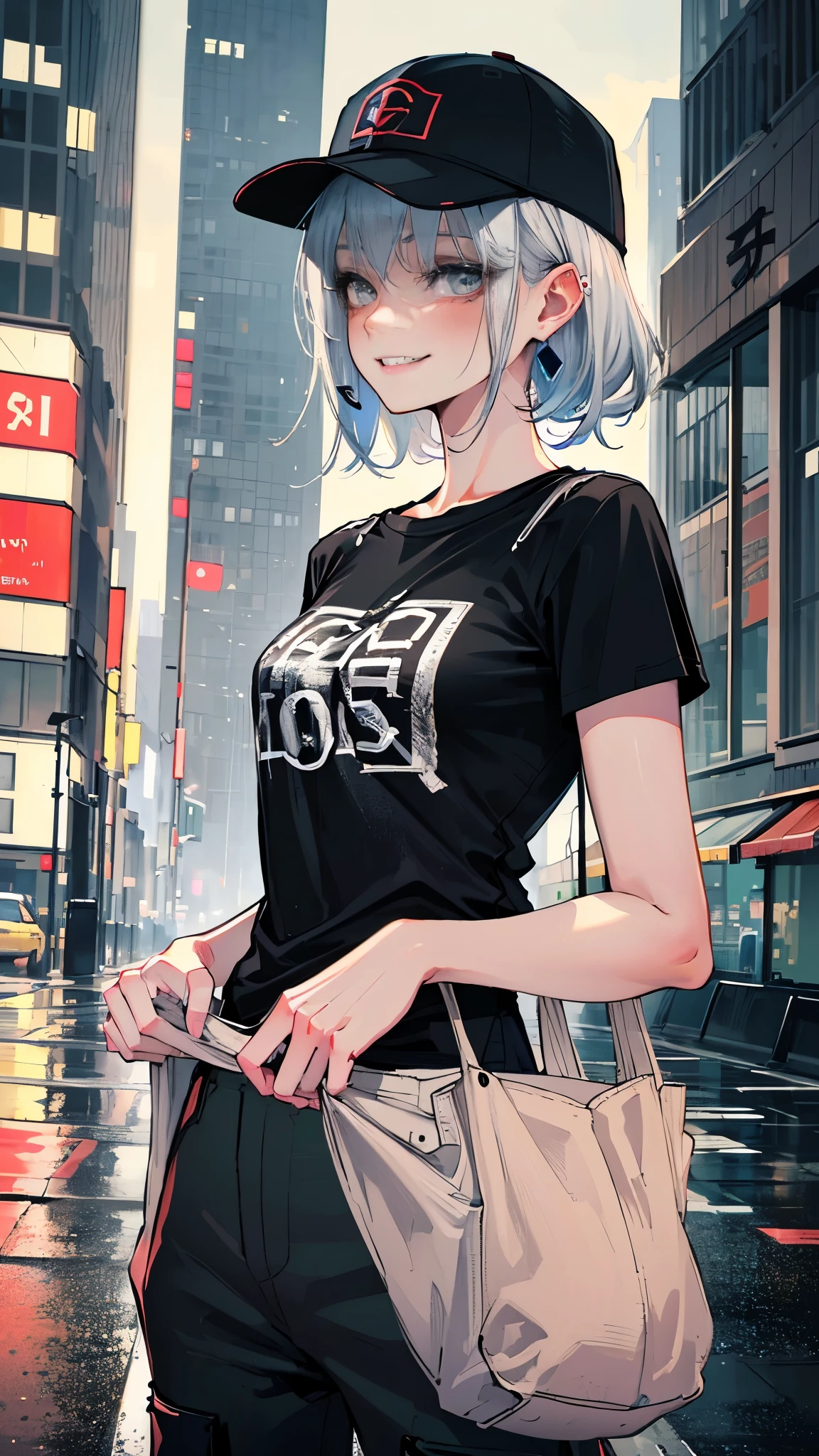super resolution,
(realistic:1.3),
(1 slim girl), stylish girl, fashion,
young face, blush, (evil smile),
(slim) thigh,
baseball cap, earrings,
(black t-shirt), (baggy cargo pants),
gravure,
Rainy streets