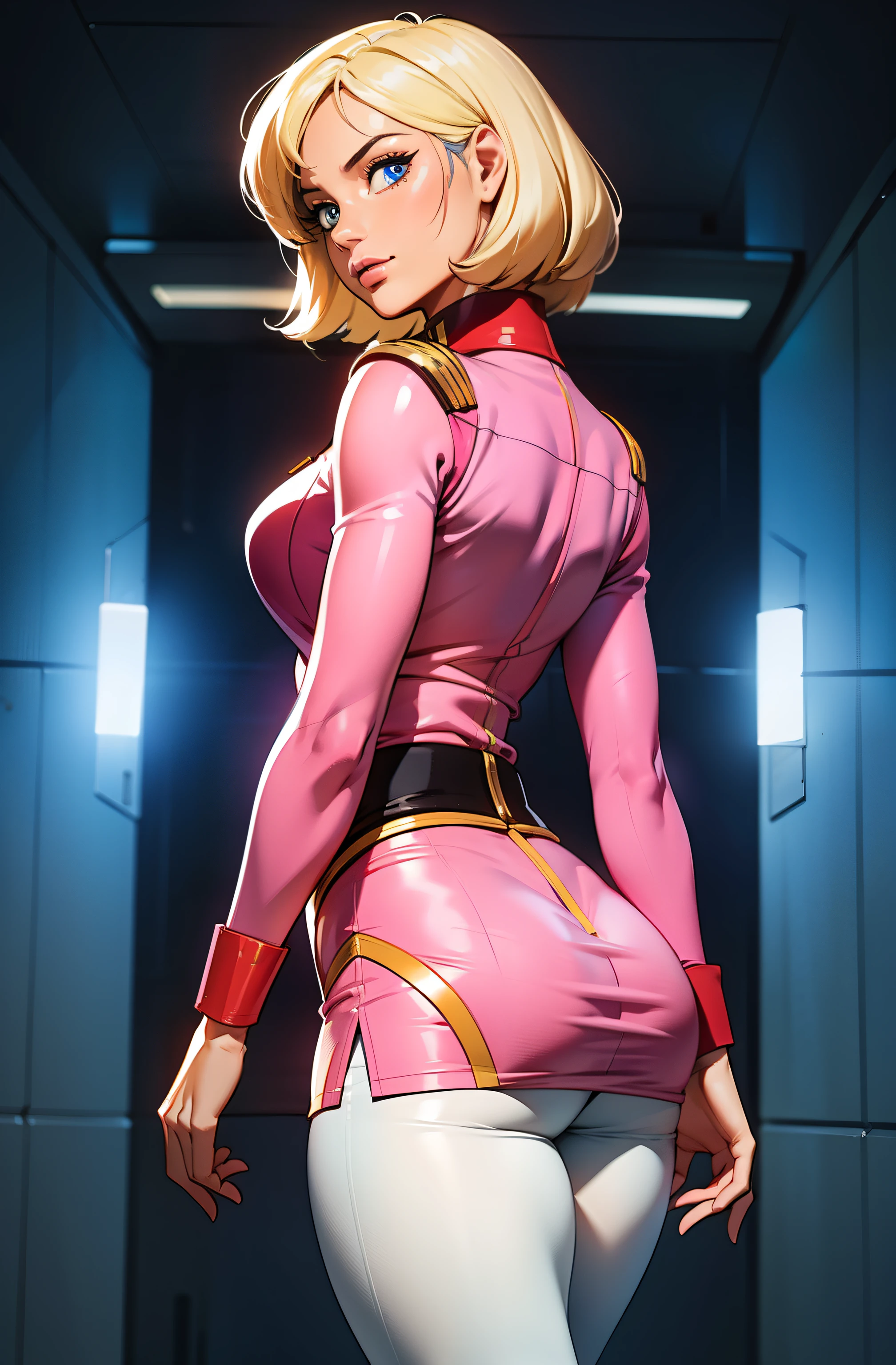 ((masterpiece)), ((cinematic lighting)), realistic photo、Real Images、Top image quality、1girl in, sayla mass, Elegant, masterpiece, Convoluted, slim arms, wide hips, thick thighs, thigh gaps, Best Quality, absurderes, high face detail, Perfect eyes, mature, Cowboy Shot, , Vibrant colors, soft pink uniform, soft pink Skirt, white tights, side view, looking at viewer