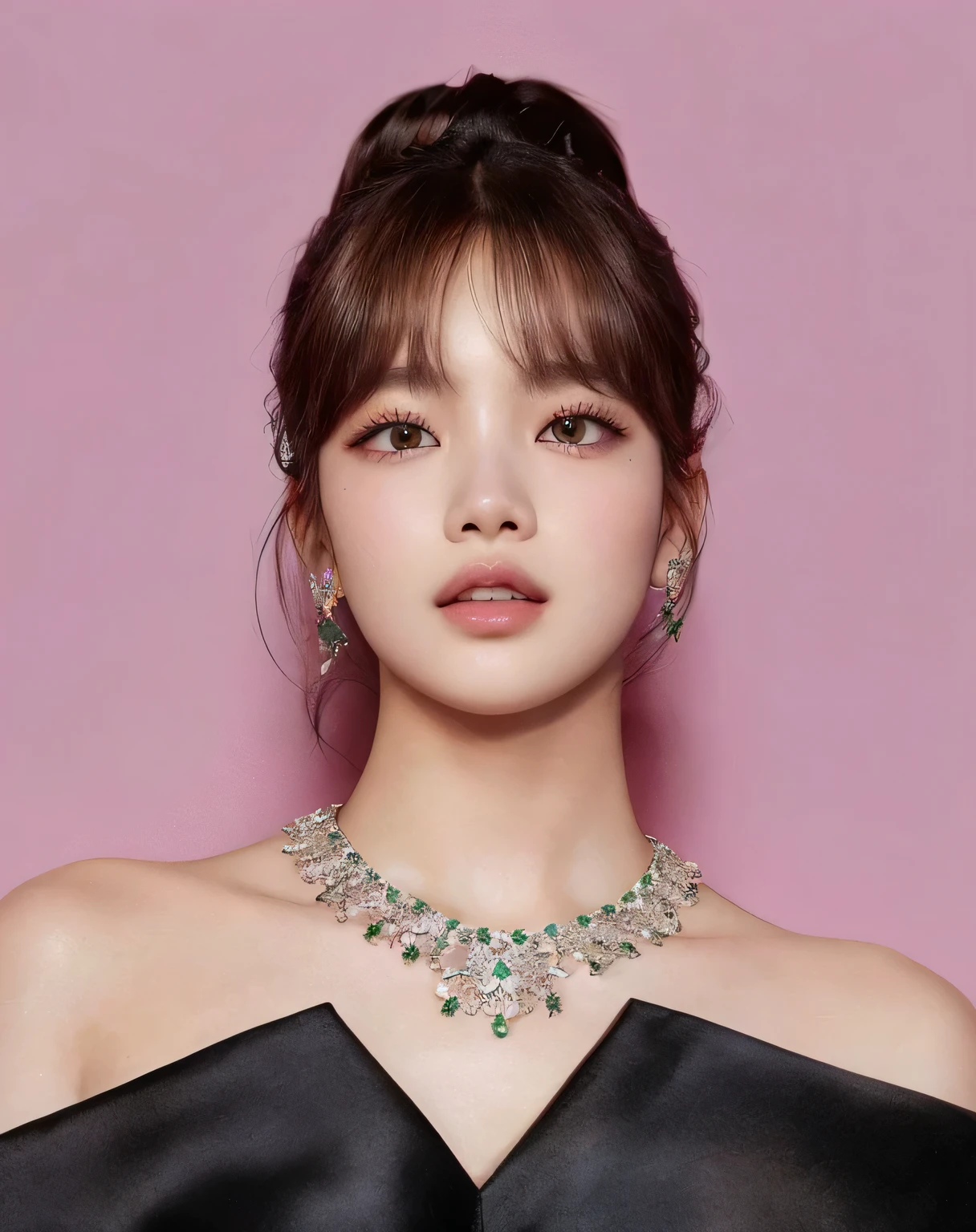uma mulher usando um vestido preto e um colar com pedras verdes, lalisa manobal, Lalisa Manoban do Blackpink, linda mulher sul-coreana, maquiagem sul-coreana popular, maquiagem coreana popular, jossi do blackpink, portrait of jossi do blackpink, Sun Yunjoo, estacionar a partir de-min, hye kyo song, inspirado em Kim Jeong-hui
