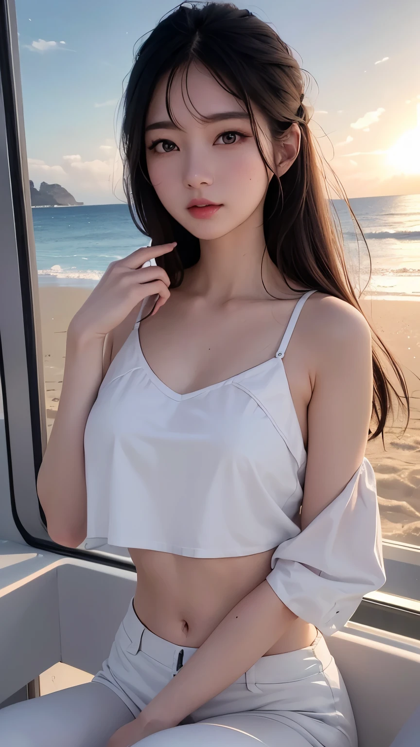 (logo、masterpiece、8k、Tabletop、RAW Photos、wonderful、最high quality、Photorealistic and Very detailed CG integrated 8k wallpaper、high quality、Very detailed、Narrative poem、Particle Effects、Dynamic Effects、Written boundary depth、Cinematic Light、Lens flare、Ray Tracing)、Fantasy、 (One beautiful woman、White pants、White T-shirt、White tube top、White crop top、Black-haired、Beautiful Face、True Face、Beautiful details、eye、Beautiful Skin、Ultimate Body、glamorous)、私の髪はWindに舞う、Hair flutters in Wind、Hair bounces、Seaside、wonderful景色、Coastal、sunrise、Sun in the background、Wind、Beach