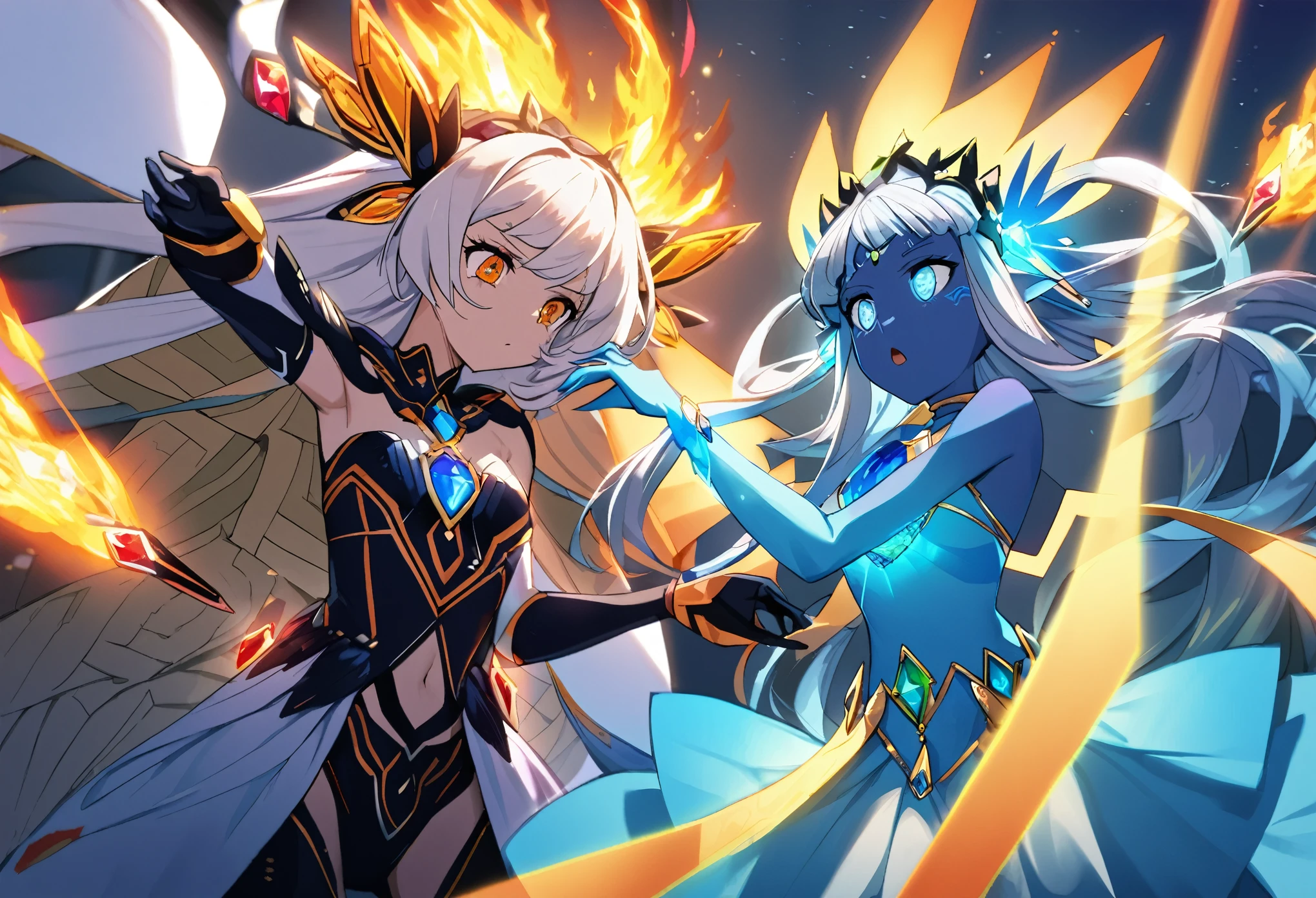 (2 subjects) (Subject 1: Cryptic girl in an action pose descending from the sky) and her companion (subject 2: a blue skinned water nymph, jewel adorned) combine their powers to fire an energy