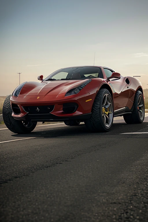 Ferrari of the future with big chunky wheels high above the ground ready for war
