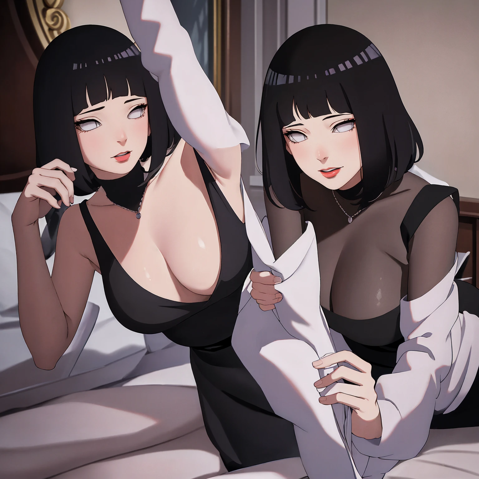 (Masterpiece - Ultra-Detailed, High Resolution) Prepare to be enchanted by a true masterpiece that combines ultra-detailed art with high-resolution rendering. This work shows a mesmerizing woman, with short, light black hair, 1950s style, Hinata (1.3) and captivating dark brown eyes (1.2), New York illustration style, wearing (red lipstick), emanating an aura of elegance and mystery. Wearing classic 1950s clothing. sexy. Intricate details and realistic textures invite you to explore every aspect of this enchanting composition. Transparent black dress. Laying down, dynamic poses, mouth closed. Different posture. . Get ready to dive into a world where beauty and craftsmanship merge perfectly.