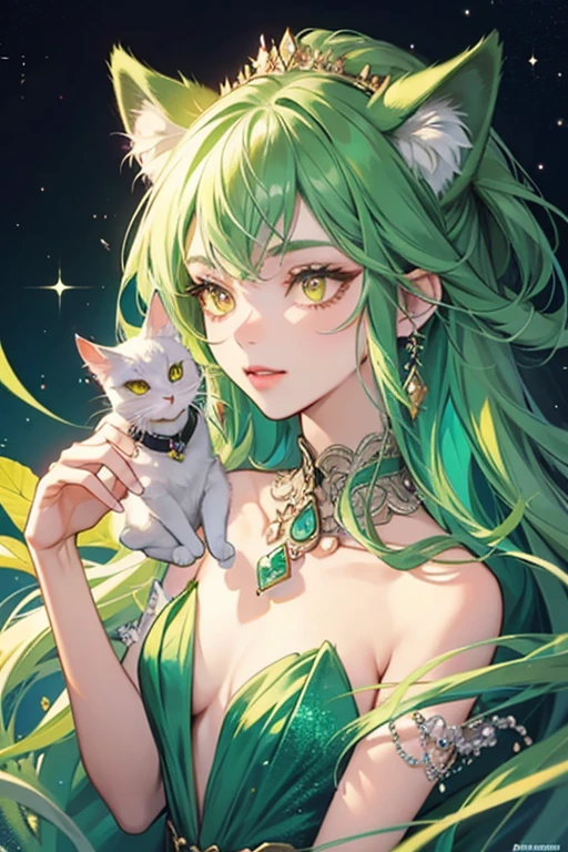 Catnip is a tall Siamese girl cat with green fur, yellow eyes with eyelashes, and blue eyelids. She wears a jeweled collar around her neck with jewels embedded around it and a diamond shaped jewel hanging off the front of it. SPARKLE; GLITTER