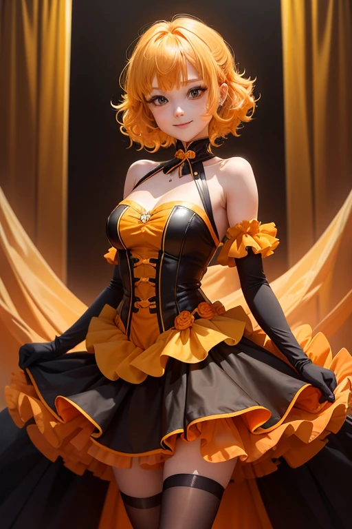 Girl1, solid yellow hair, wavy hair, orange highlights, orange clover around waist, short hair, yellow ball gown, black gold coreset, black pantyhose underneath, yellow chest piece, gloves, orange bracelet, black leotard, orange vertical tights, poofy gown, orange chocker, orange ball gown, short gloves, smile