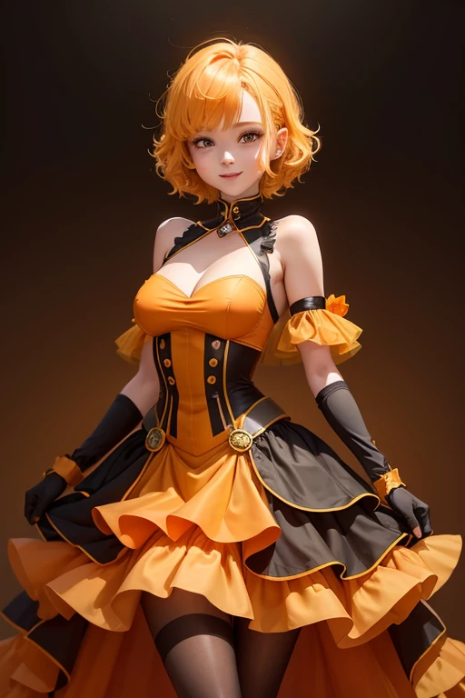 Girl1, solid yellow hair, wavy hair, orange highlights, orange clover around waist, short hair, yellow ball gown, black gold coreset, black pantyhose underneath, yellow chest piece, gloves, orange bracelet, black leotard, orange vertical tights, poofy gown, orange chocker, orange ball gown, short gloves, smile