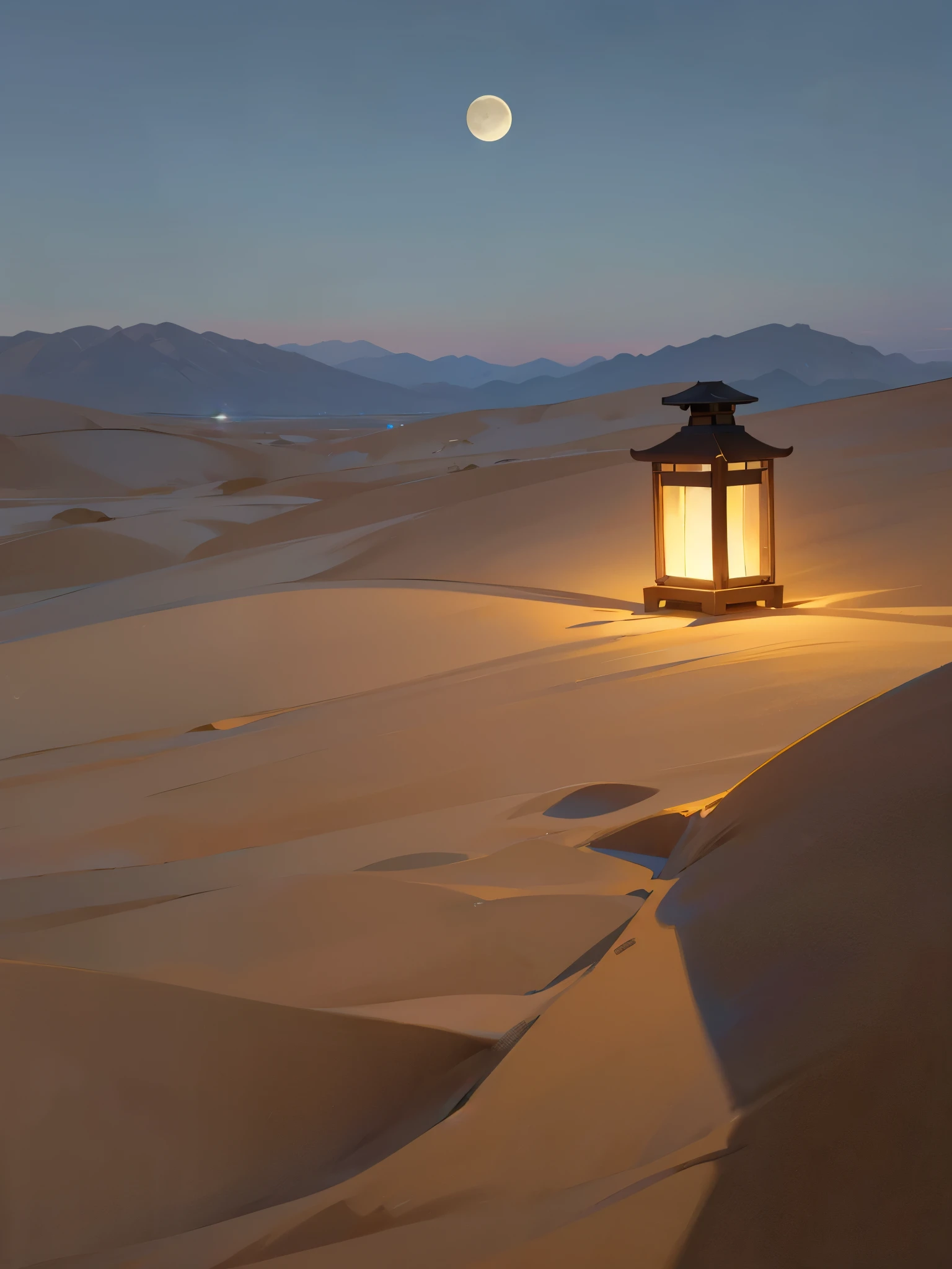 calm night desert, no people, cinematic. moon above. small lantern in the distance.