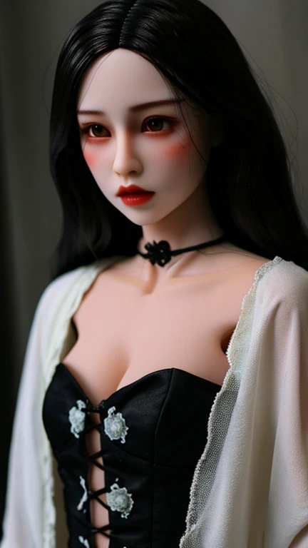 Gothic horror masterpiece，beautiful female doll，The feeling of terror uncanny valley，There is a ghost behind，There is a spirit behind it，Gorgeous clothes，There is a drop shoulder，There is leakage on the chest