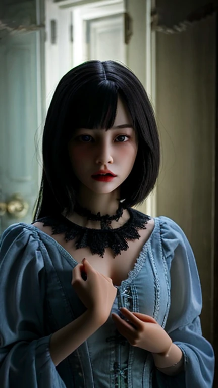 Gothic horror masterpiece，beautiful female doll，The feeling of terror uncanny valley，There is a ghost behind，There is a spirit behind it，Gorgeous clothes，There is a drop shoulder，There is leakage on the chest