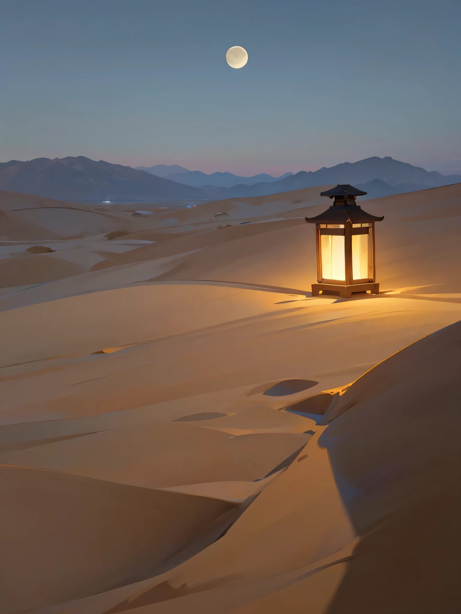 calm night desert, no people, cinematic. moon above. small lantern in the distance.