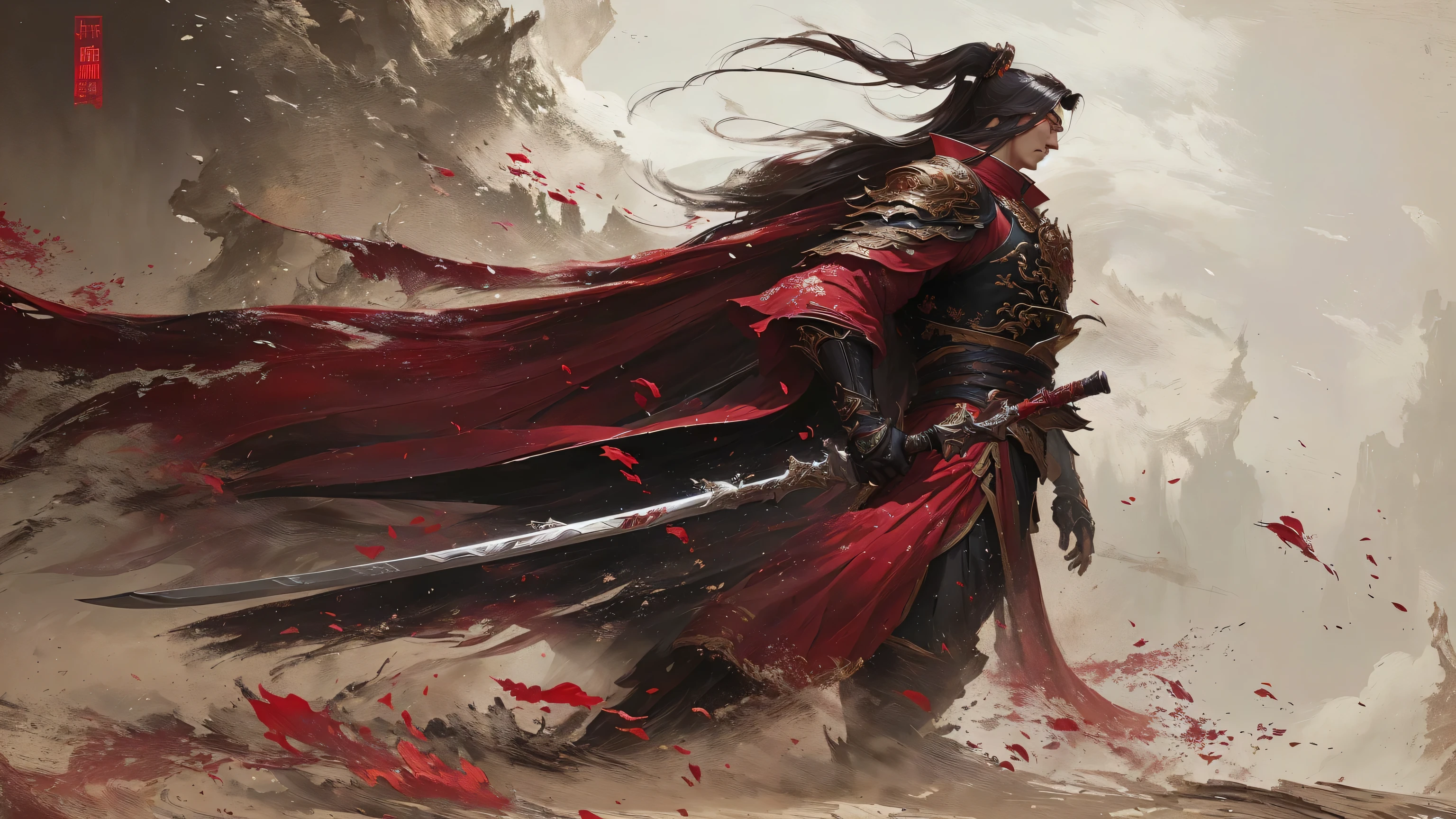 pintura de um homem com uma espada e uma capa vermelha, por Yang J, Direction: Feng Zhu, por Wuzhun Shifan, por Liang Kai, Direction: Lin Liang, estilo de arte g liulian, por Ruanjia, chengwei pot at art station, Inspirado em Fenghua Zhong, por Bayard Wu, por Li Song