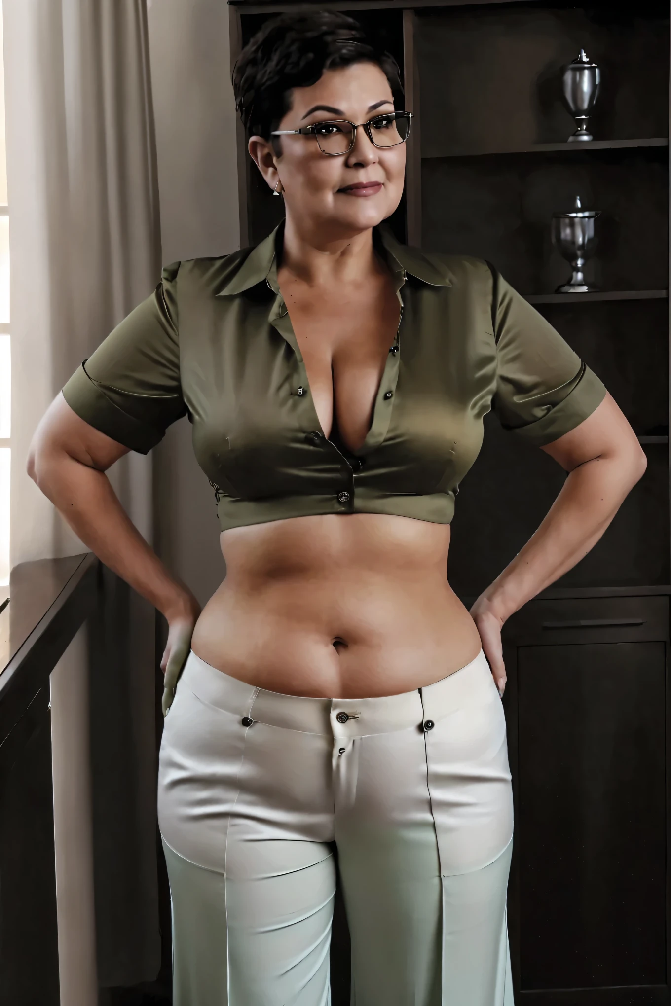 very shaved brown haircut, fully exposed forehead, elderly older mature cheeky order lady in dark-olive-green skimpy shirt with cream-ivory buttons, overly low-rise dark yellow ocher pants, fatty body with slightly abs, wearing a sexy cropped top with unglued V-neck, robust fleshy female, 50 years old woman, close up body shot, succinct shirt, wearing a very skimpy blouse, alluring meaty model, ((best quality)), ((masterpiece)), (detailed), perfect face