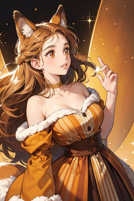 she has orange-brown fur on her head and limbs, brown fur on her body, round brown ears, a pale yellow muzzle, pale yellow ear linings, a striped orange-brown and brown tail, rosy cheeks, a brown mouth and nose, and brown oval eyes. SPARKLE; GLITTER