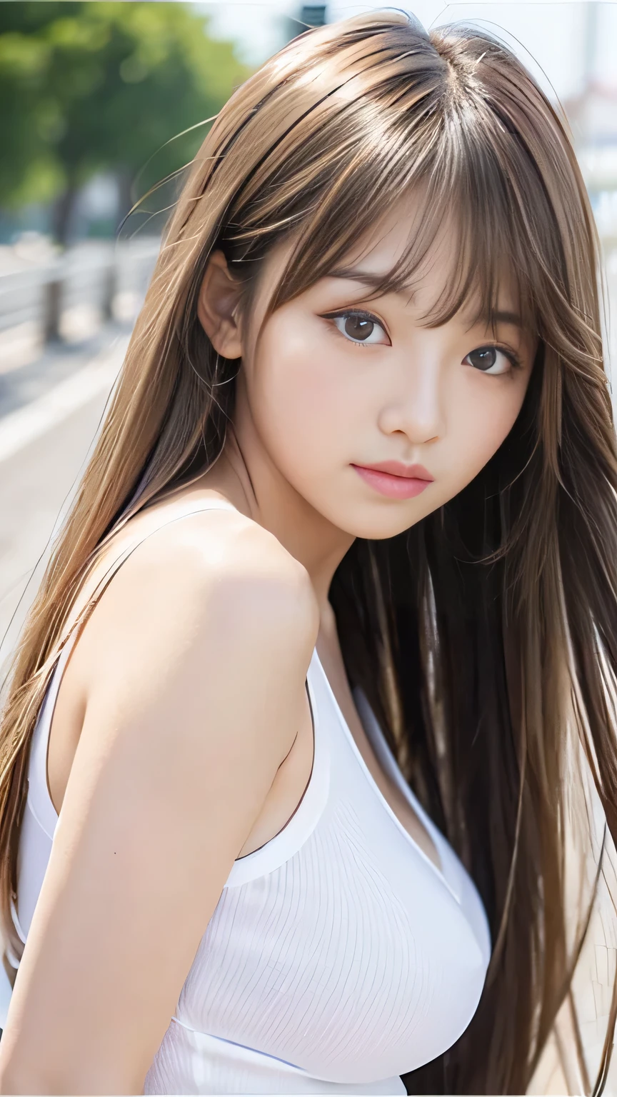 Sexy Big 、Sexy cute looks and cute beautiful girl, beautiful and sexy face、A strong wind blows my hair in front of my face、With straight blonde hair、beautiful, Cute and sexy eyes hidden behind long bangs